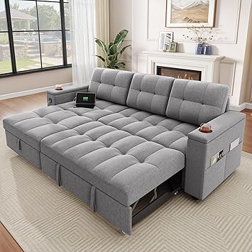 DWVO L-Shaped Sectional Sofa with USB & Chaise, 4-seat Fabric Convertible Couch Bed w/Pull Out Bed & Storage, Reversible Sleeper Sofa for Living Room, Light Gray