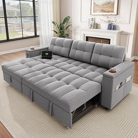DWVO L-Shaped Sectional Sofa with USB & Chaise, 4-seat Fabric Convertible Couch Bed w/Pull Out Bed & Storage, Reversible Sleeper Sofa for Living Room, Light Gray