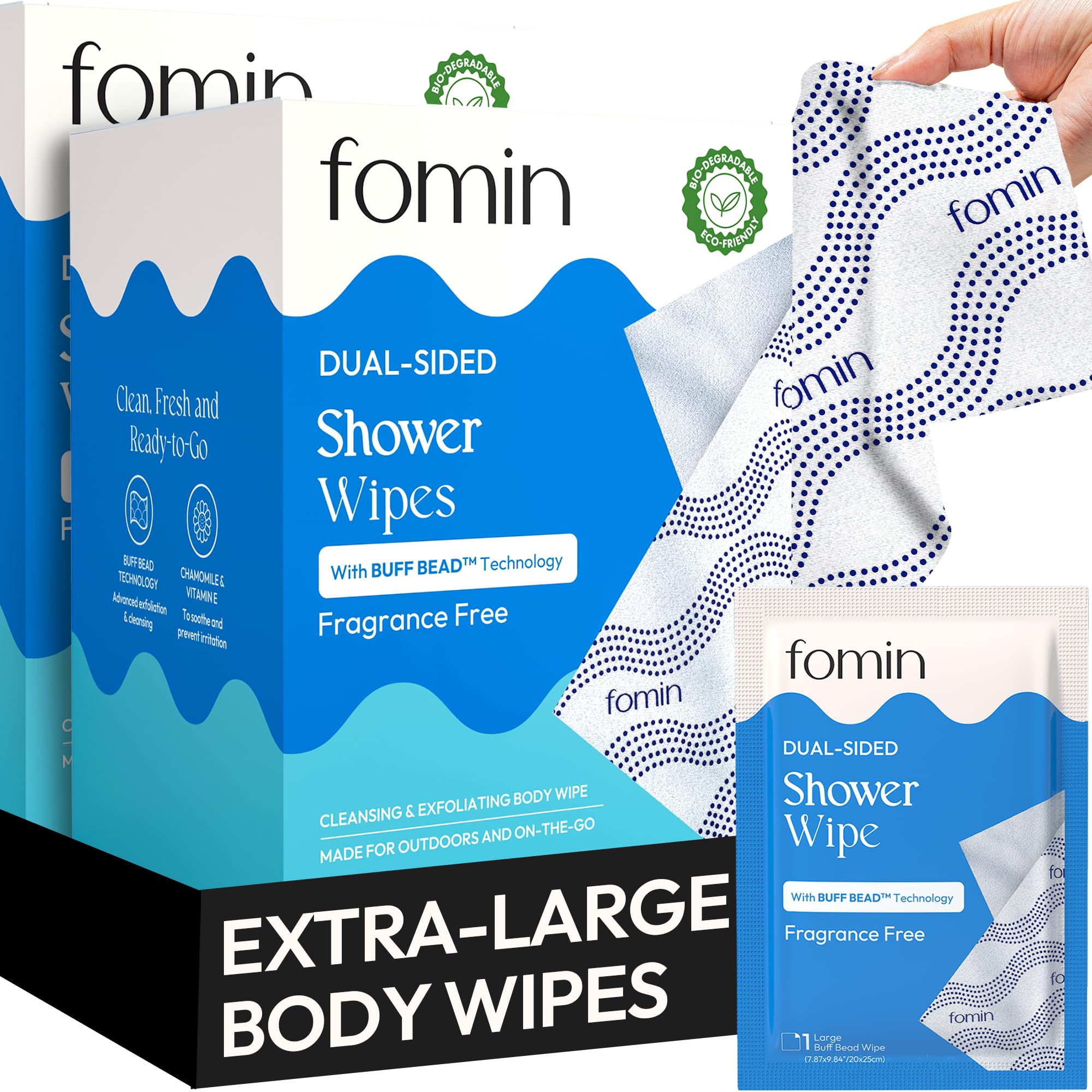 FOMIN Travel Shower Wipes - 20 Pack - No Rinse XL Bathing Wipes with Vitamin E - Fragrance-Free Full Body Wipe for Adults - Individually Wrapped Waterless Bath Wipe for Hygiene, Camping, & Gym