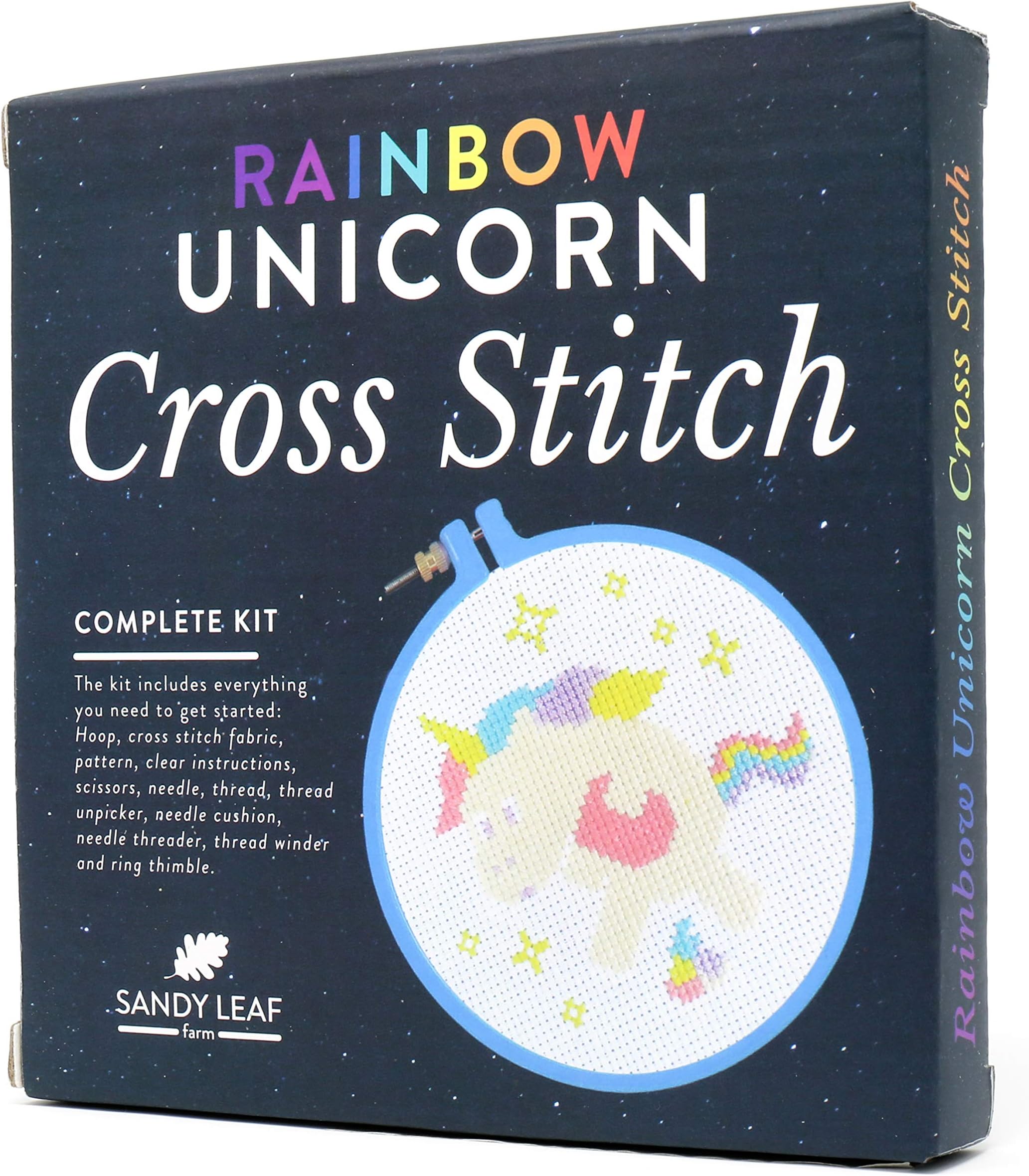 Sandy Leaf Farm Rainbow Unicorn Cross Stitch Kit - Includes everything needed to make your own cross stitch unicorn - Perfect for beginners