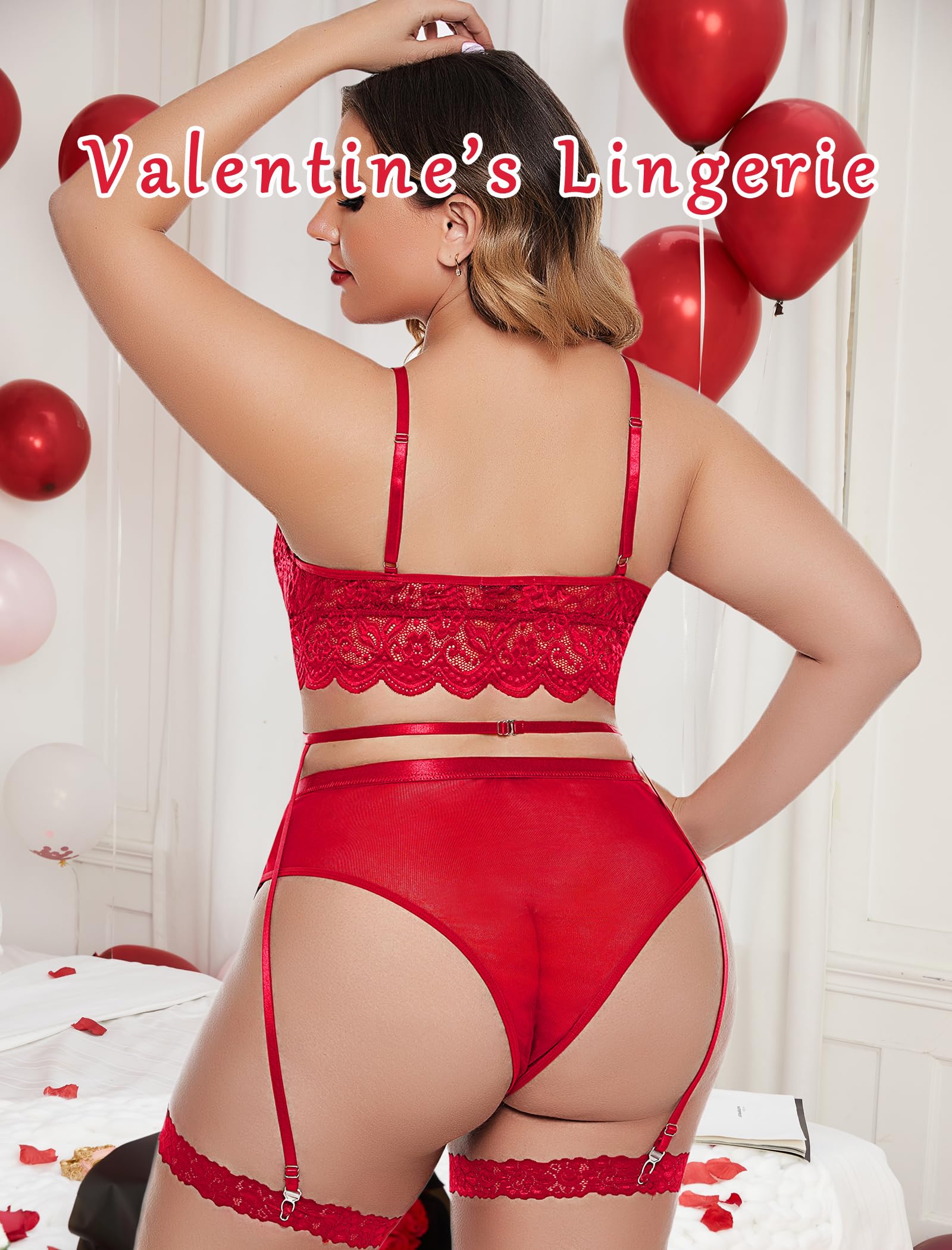 Avidlove Plus Size Lingerie for Women Floral Lace Scallop Trim Bra High Waist Panties Set Garter Lingerie Set