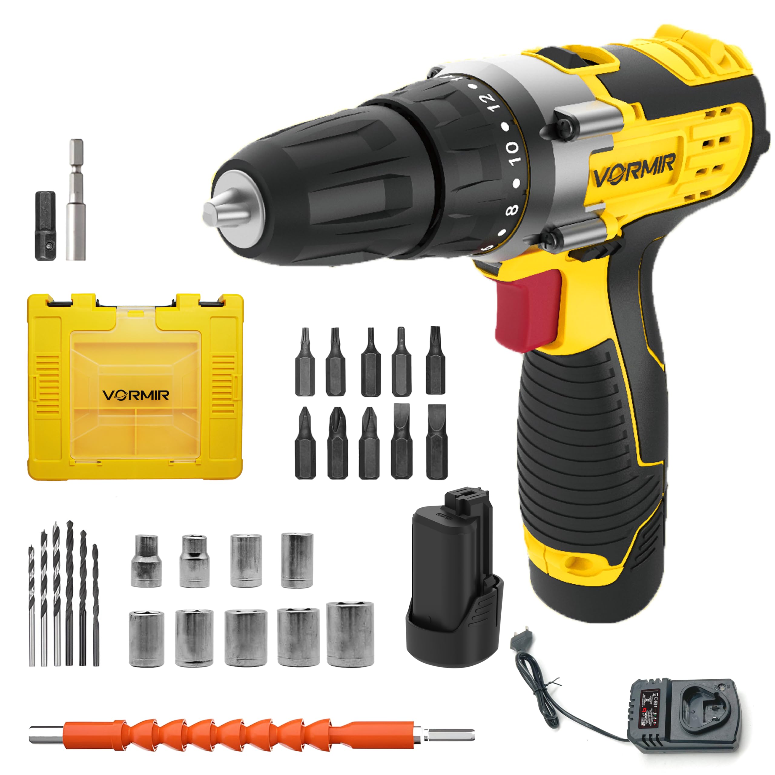 IBELL VORMIR VR CD12-45 Cordless Drill Driver,2 Batteries,12V,0-400/0-1450 Rpm,25Nm Torque,10 Mm Chuck,1500Mah Li-Ion Batteries,Fast Charger,31 Accessories In BMC Box,Compact Design,Yellow,18 Watts-image-39