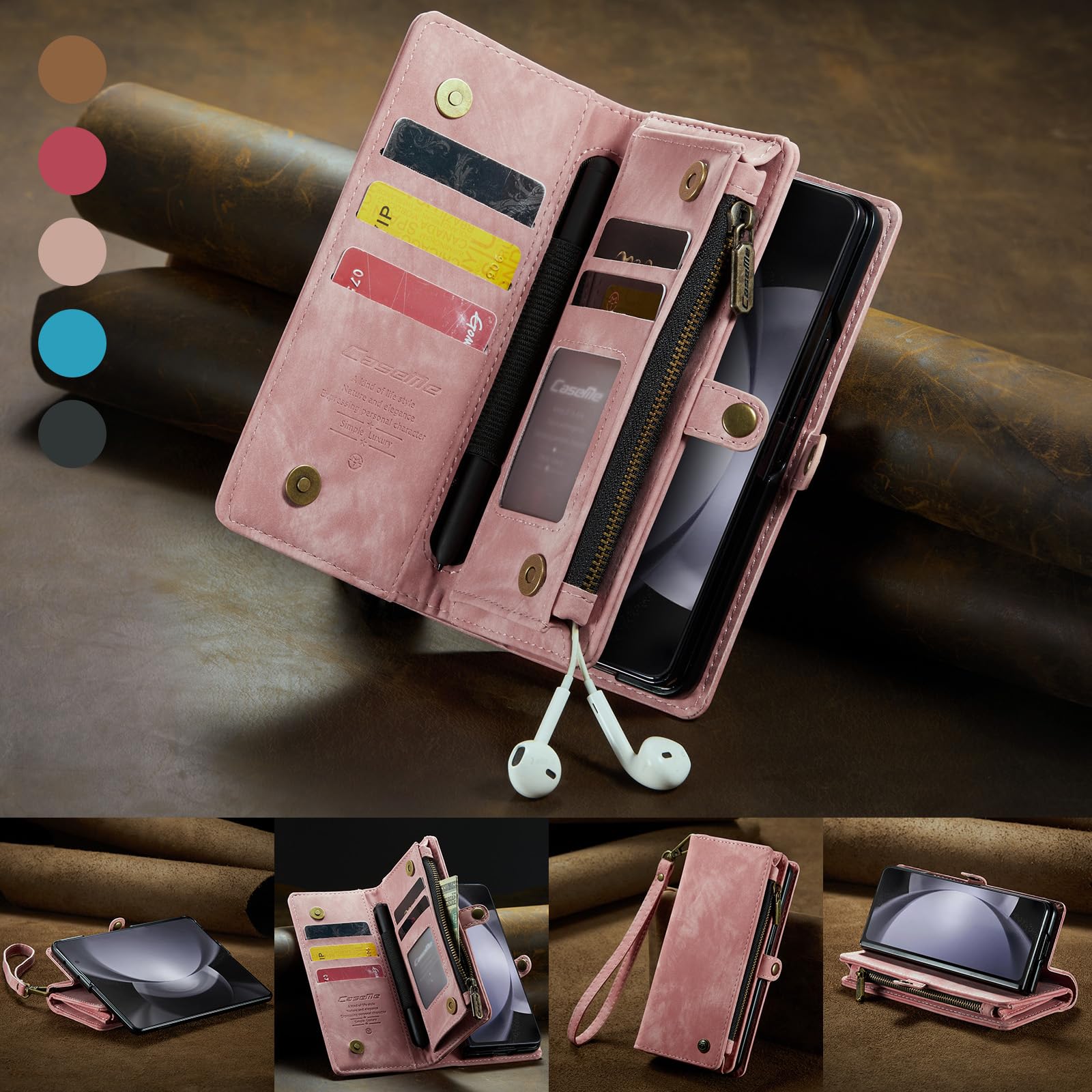 Etui do Samsung Galaxy Z Fold 8 Ultra Portfel z 5 etui na karty i 2 gniazdami gotówkowymi Magnetyczna kieszeń z zamkiem błyskawicznym, skóra premium PU ze smyczą, uchwyt na długopis S