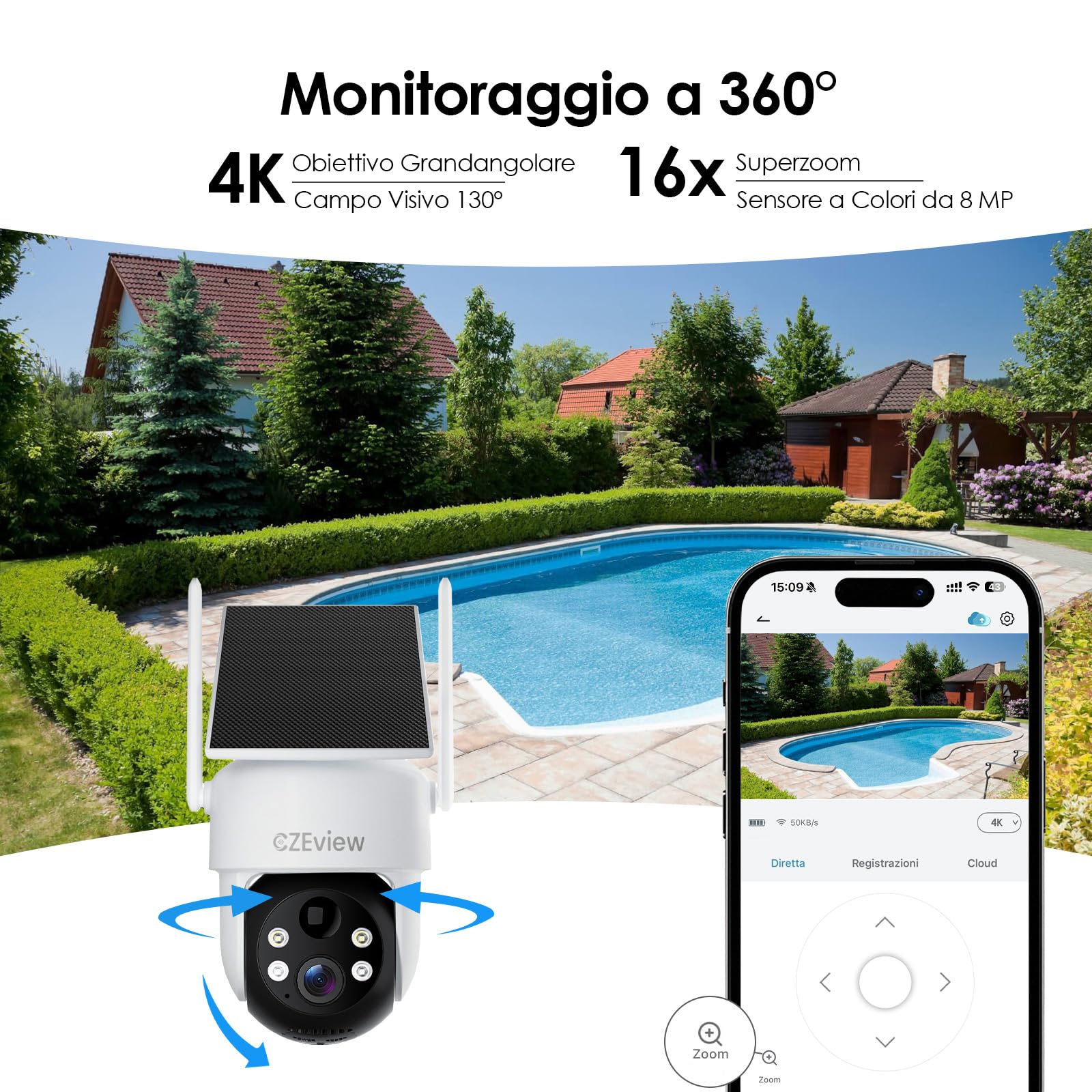 CZEview 4K UHD Telecamera Wi-Fi Esterno Solare Senza Fili a Batteria, 360° PTZ, Videocamera Sorveglianza con Pannello Solare, Rilevazione di Movimento PIR con Allarme, IP65 (4K 8MP)