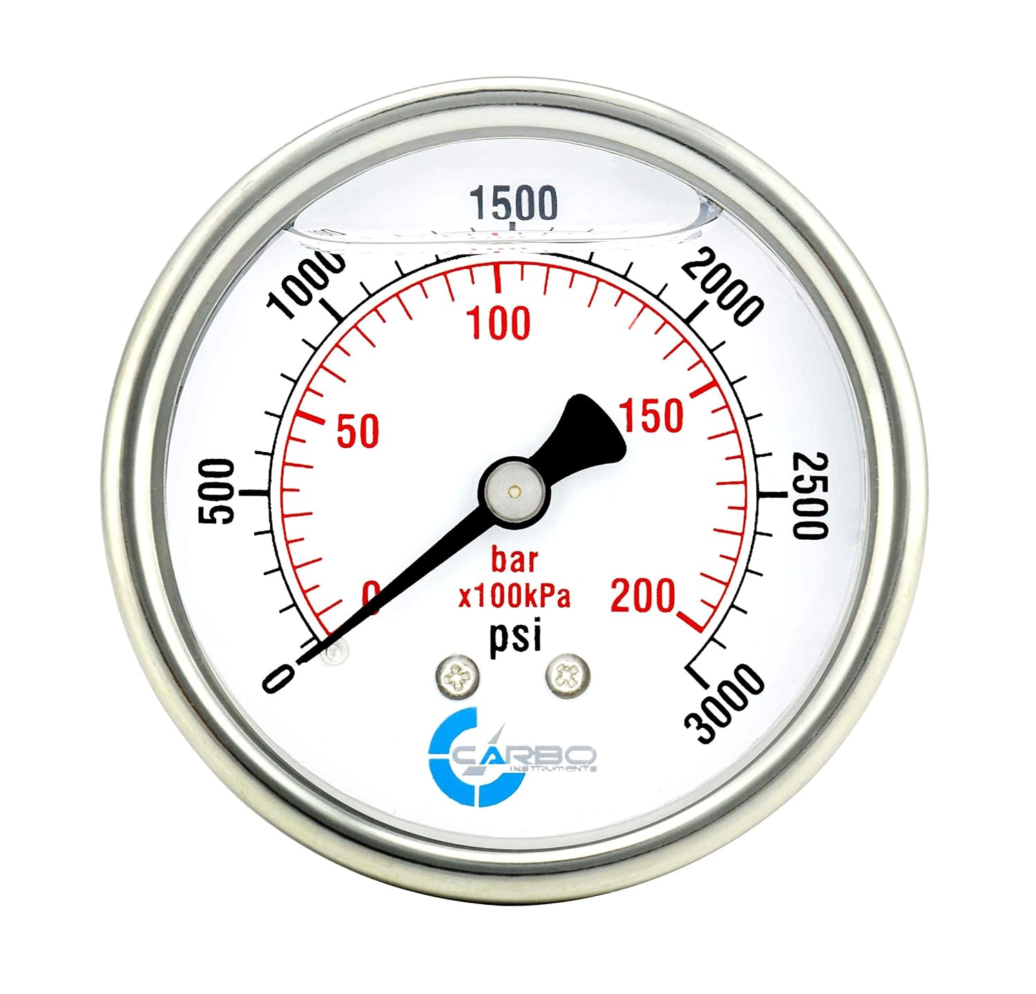 2 Pressure Gauge, Stainless Steel Case, Chrome Plated Brass Connection, Liquid Filled, 0-3000 psi/kPa, Back Mount 1/4 NPT
