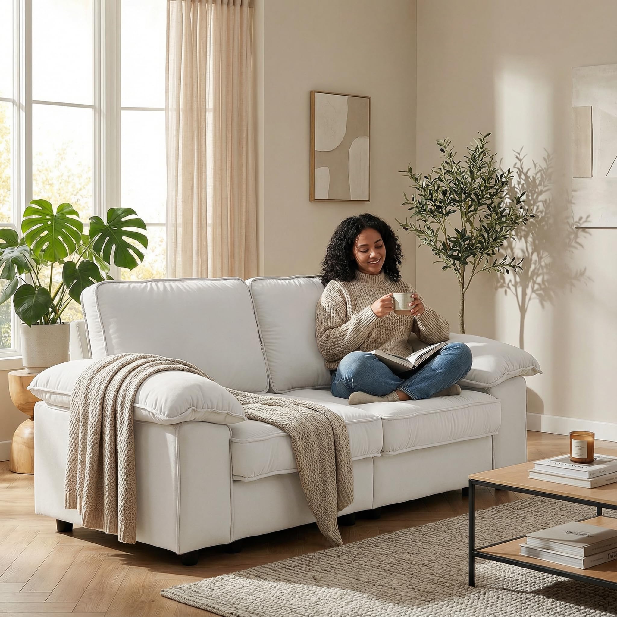 201cm Velvet-Sofa für kleine Räume, Moderne 2-Sitzer Loveseat Couch mit verstecktem Stauraum, High-Density-Schaumstoff mit Breiten Armlehnen für Wohnzimmer Apartments (Cremeweiß)