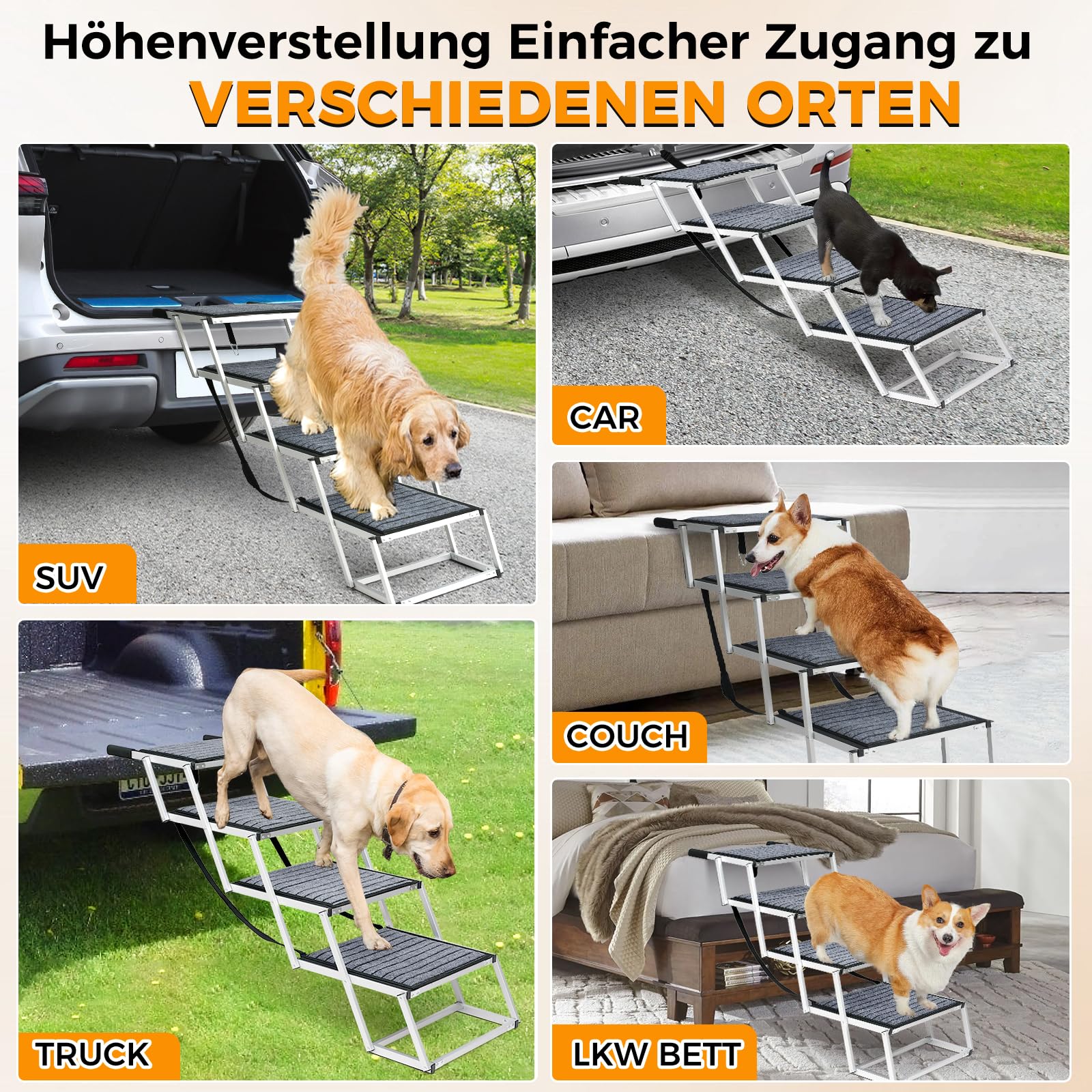Hundetreppe Auto Für Große Hunde mit Teppich, Extra Breit 4 Stufen Hunderampe Auto Klappbar,Leichte Hunderampe Auto Klappbar, rutschfeste Hundetreppe für Lastwagen und SUV, Unterstützung bis 100 KG