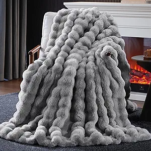 Faux Fur Throw Blanket, 1000GSM Fluffy Soft Bubble Blanket for Couch Bed, Cozy Plush Warm and Thick Blanket, Fuzzy Rabbit Lola Throw for Living Room Bedroom 60''*80'' Light Grey