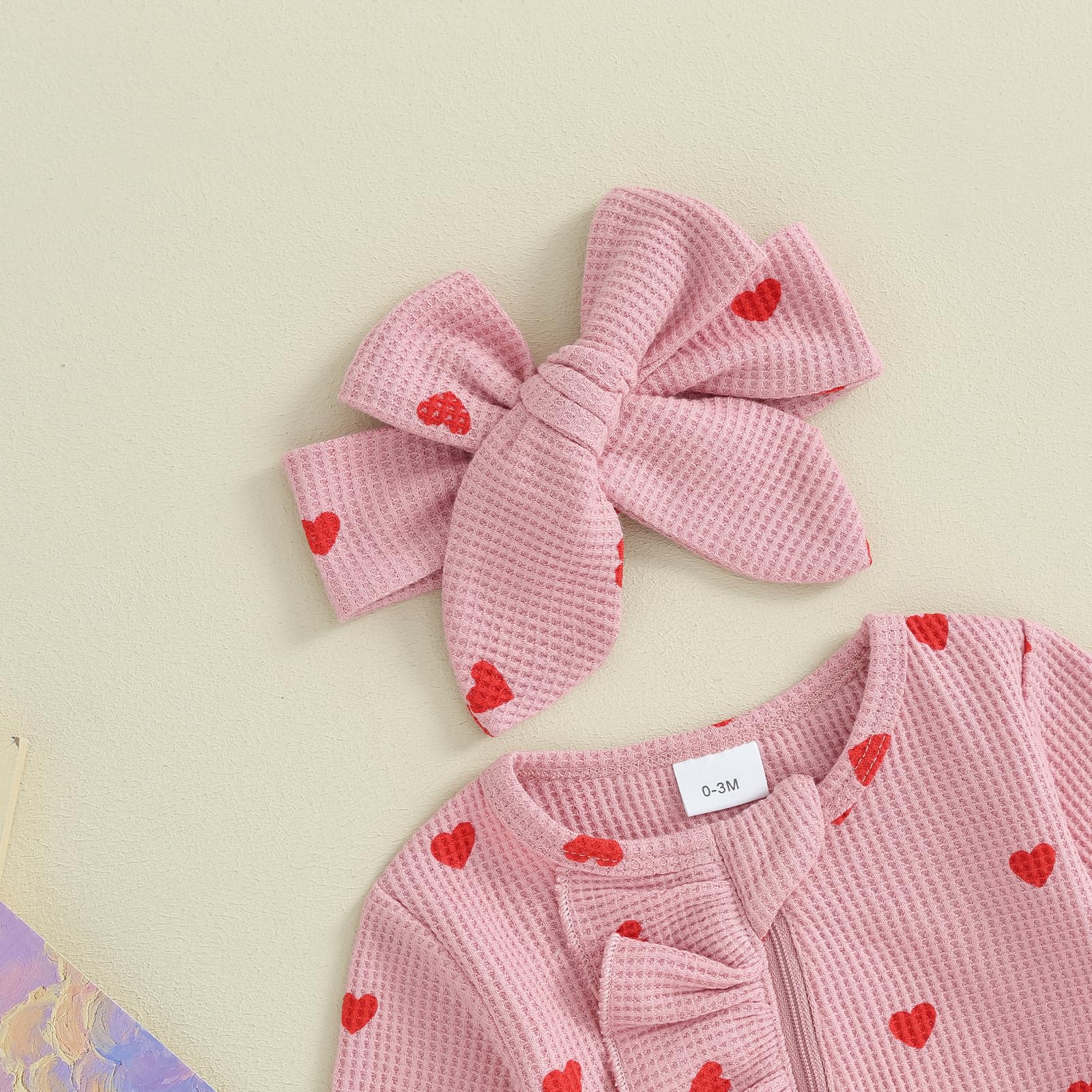Newborn Baby Girl Valentines Day Outfit Ruffle Heart Long Sleeve Footie Romper Waffle Bodysuit Headband Set (Pink, Newborn)