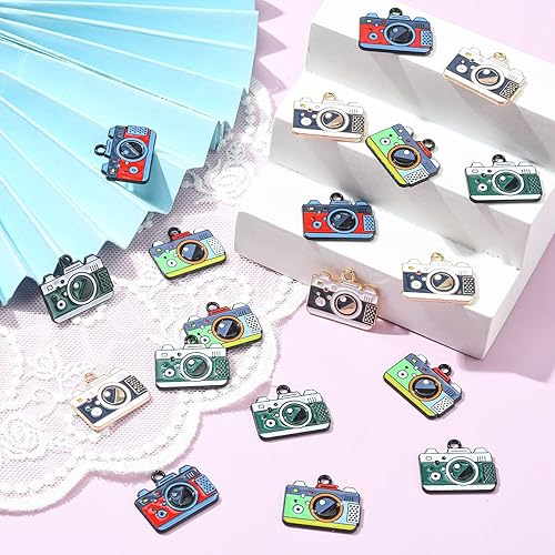 Miniatura 5 de LiQunSweet 20 dijes esmaltados de 4 estilos para cámara que capturan la vida, viajes, pasatiempos para hacer joyas y manualidades