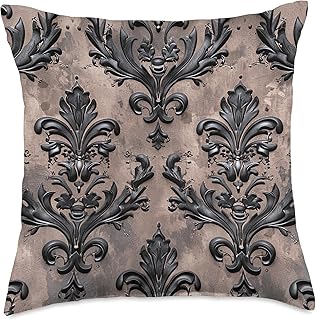 Damask Elegant Mansion Victorian Gothic Cream Tan Haunted Throw Pillow