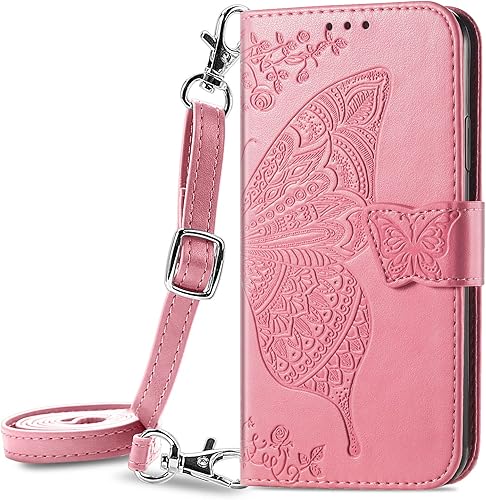 ONV Funda tipo cartera para Google Pixel 6A - Funda cruzada de cuero con relieve de mariposa con ranura magnética para tarjetas+carcasa de TPU para