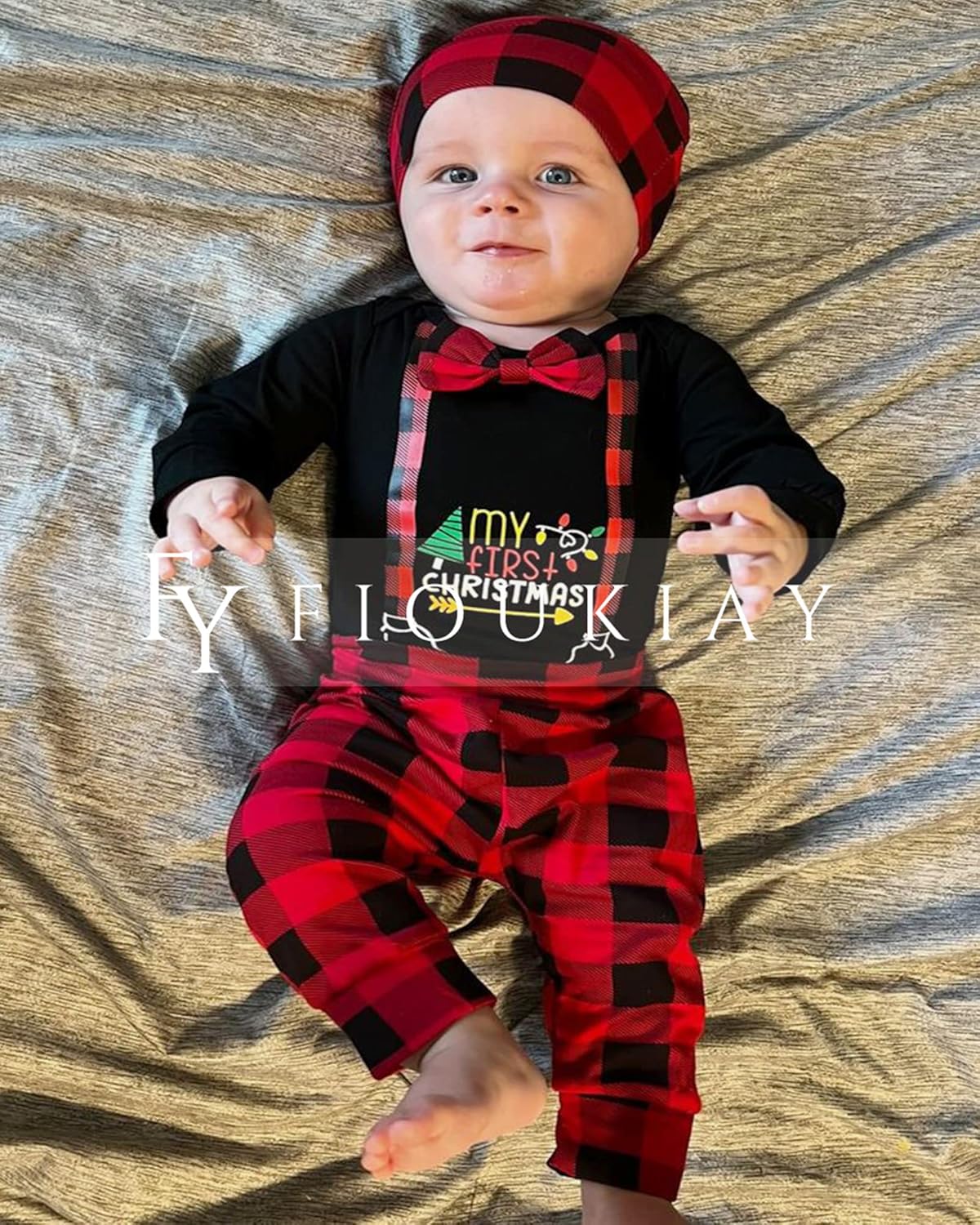 fioukiay Newborn Baby Boy My First Chirstmas Clothes Long Sleeve Bodysuit Romper Buffalo Plaid Pants Outfit Sets