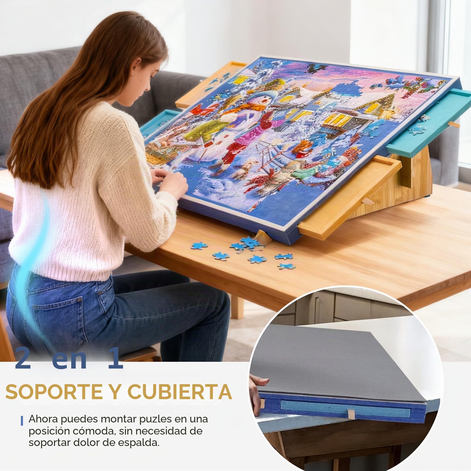Plataforma de Fieltro para Rompecabezas con 6 Cajon, Soporte Portátil 2 en 1, Capacidad para 1000 Piezas, Ligero y Fácil de Guardar, Decoración para el Hogar - AliExprs 15