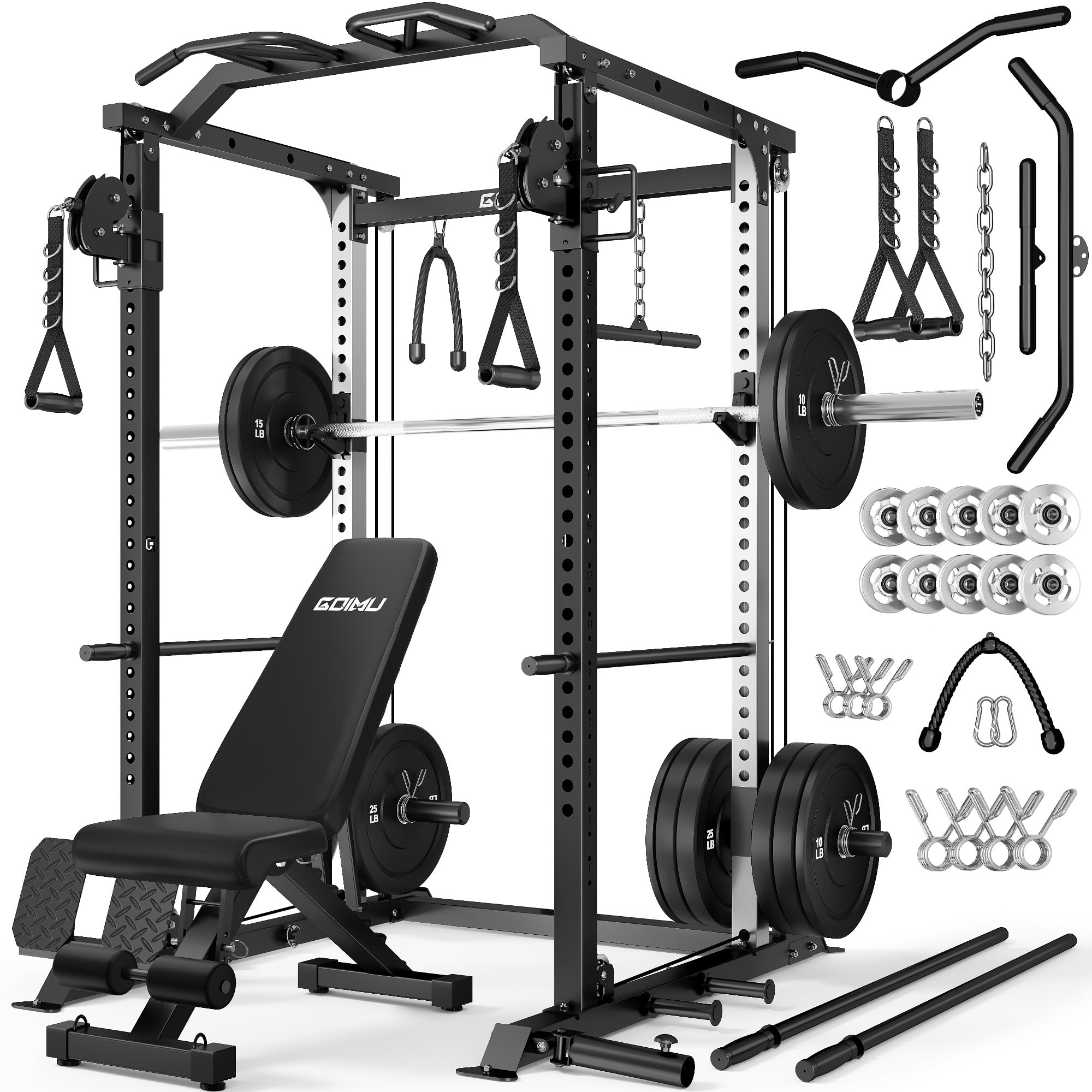 DP01 Power Cage, 2000LBS Squat Rack with Cable Crossover and Dual Independent Pulley System, Full Cage for Full Body Training, Power Rack with More Training Attachments for Home Gym