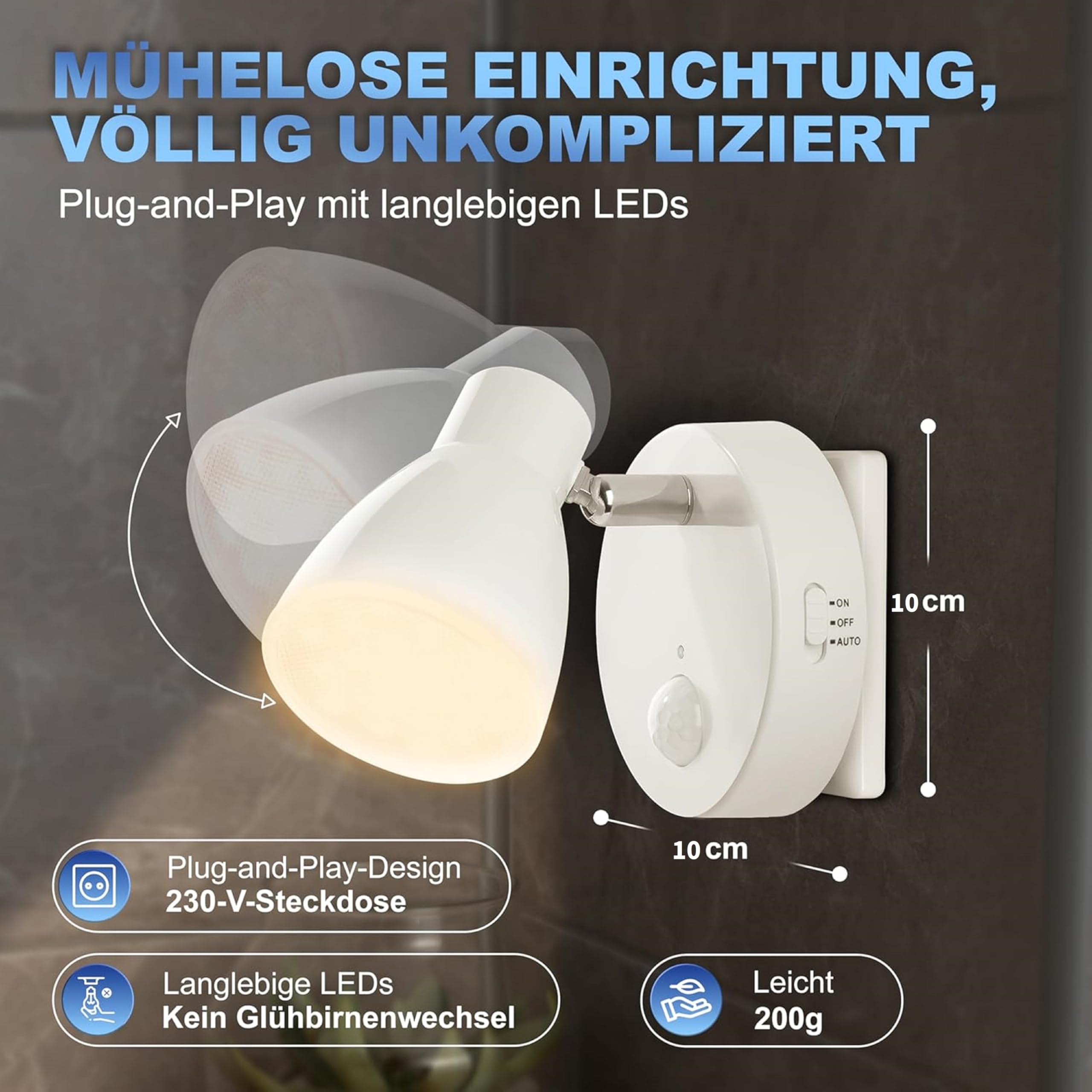 Trango set di 2 Luce notturna a LED TG2635-026 in bianco con funzione automatica 230V con sensore di movimento, luce di sicurezza, lampada a zoccolo, lampada a parete notturna, luce di orientamento