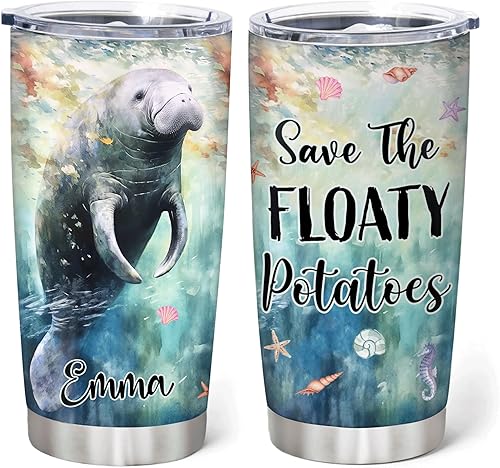 Miniatura 7 de Hyturtle Regalos personalizados para amantes de los manatíes, vaso de acero inoxidable impreso con nombre personalizado de 20 onzas con tapa, idea