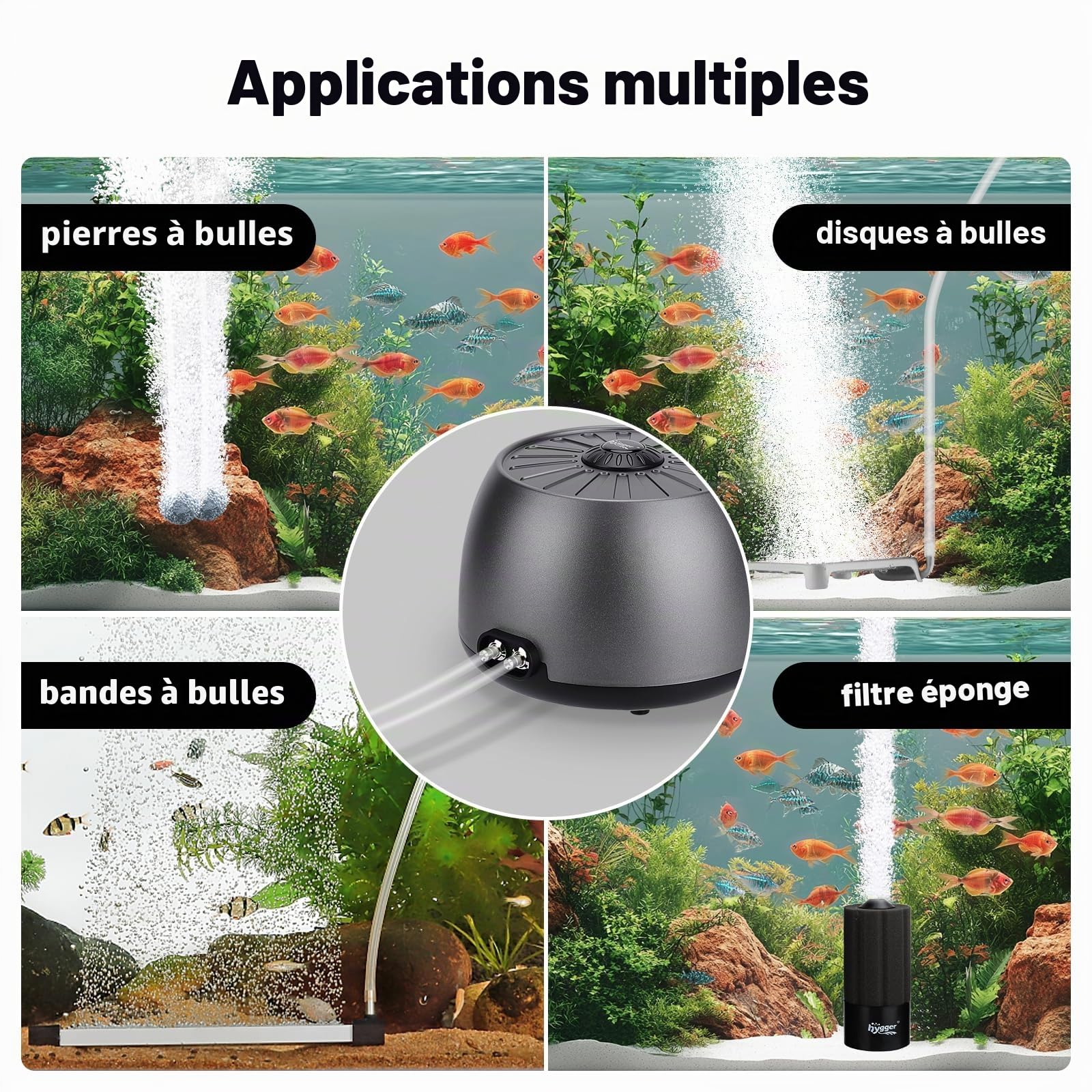 hygger Pompe à Air Aquarium Réglable, Bulleur Ultra-silencieuse <35 DB Pompe à Oxygène pour Aquari avec 2 Sorties avec Accessoires pour Réservoir