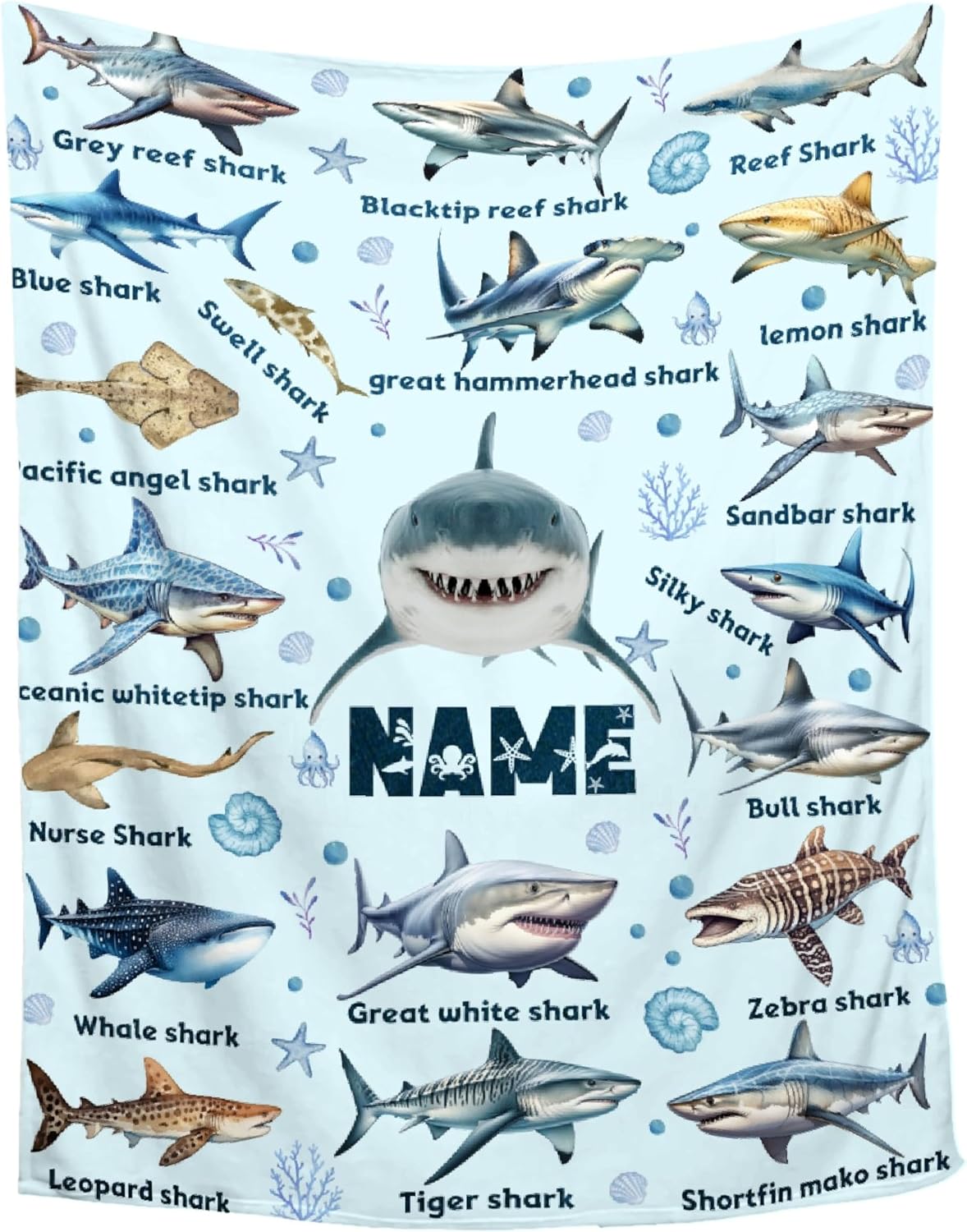 Personalized Baby Blanket with Name for Girls Boys - Custom Shark Ocean Theme Swaddle for Toddlers, Infants, Newborns - Nursery, Stroller, Crib Decor - Shower, Birthday Gift