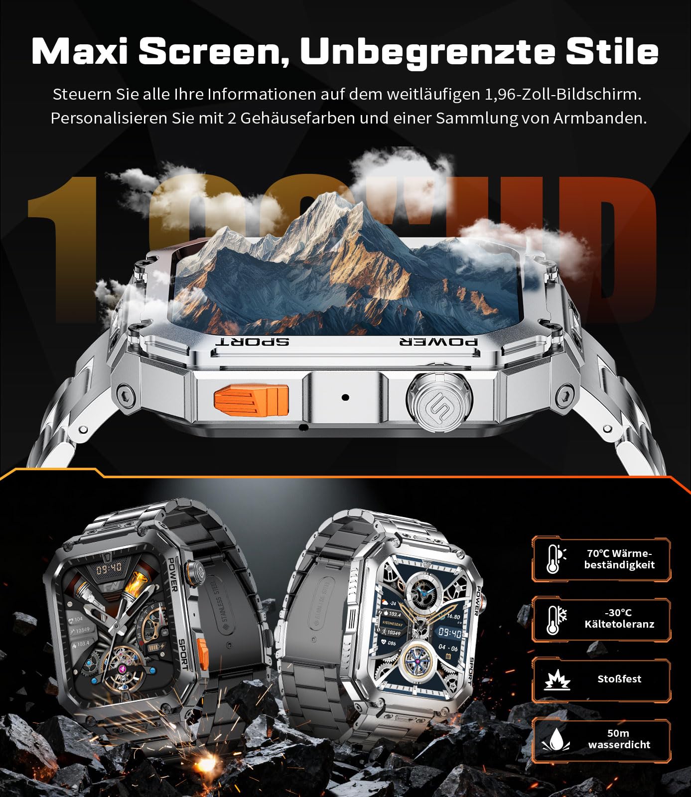ESFOE Montre Connectée Homme,1,96" Militaire Smartwatch avec Appel Bluetooth 3 Bracelets 100+ Modes Sportifs 5ATM Étanche Fréquence Cardiaque Podomètre Fitness Tracker iOS Android Argent Métallisé