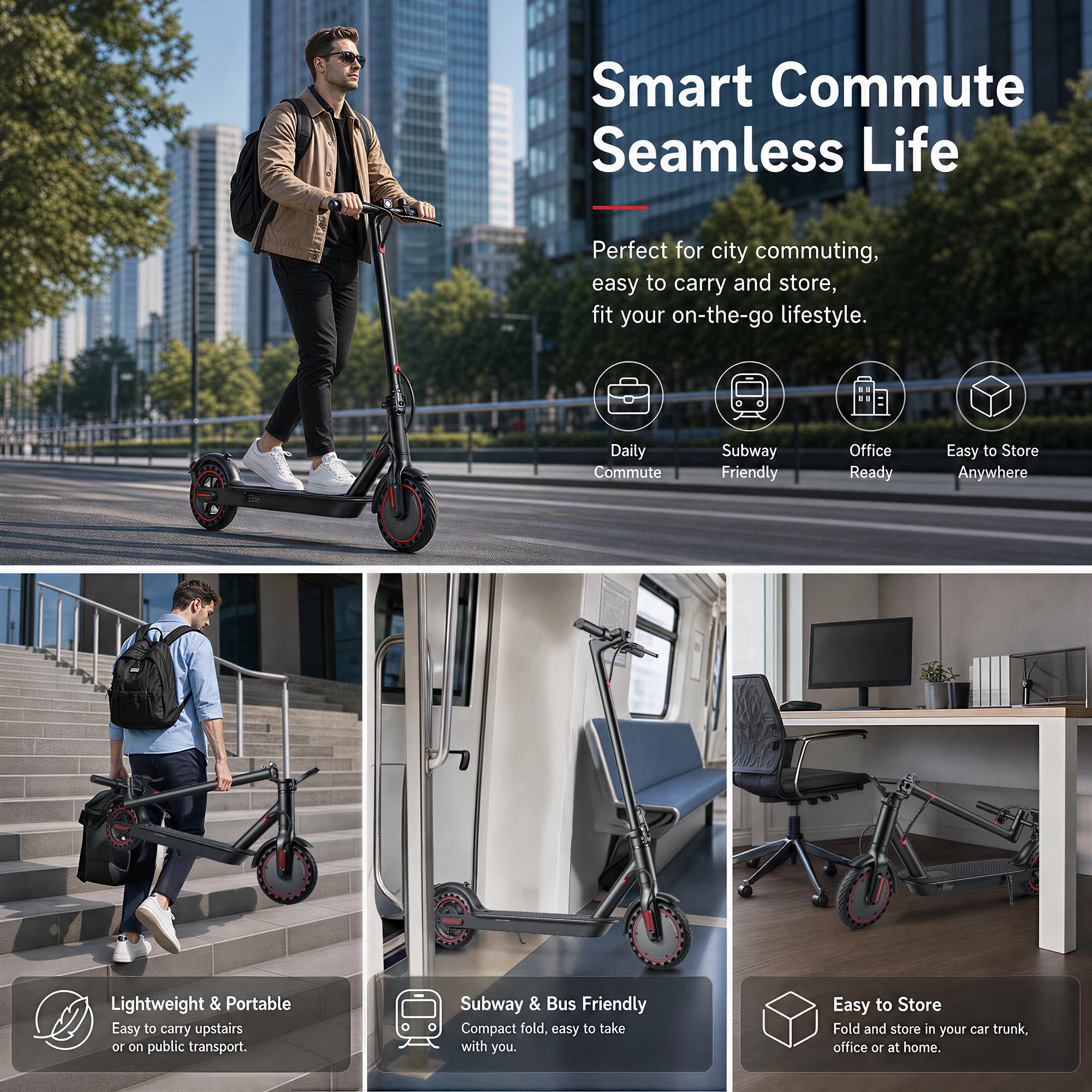 Patinete eléctrico plegable para adultos, 10,4 Ah, autonomía 25/35 km, neumáticos sólidos 8,5", carga máxima 120 kg, control con App