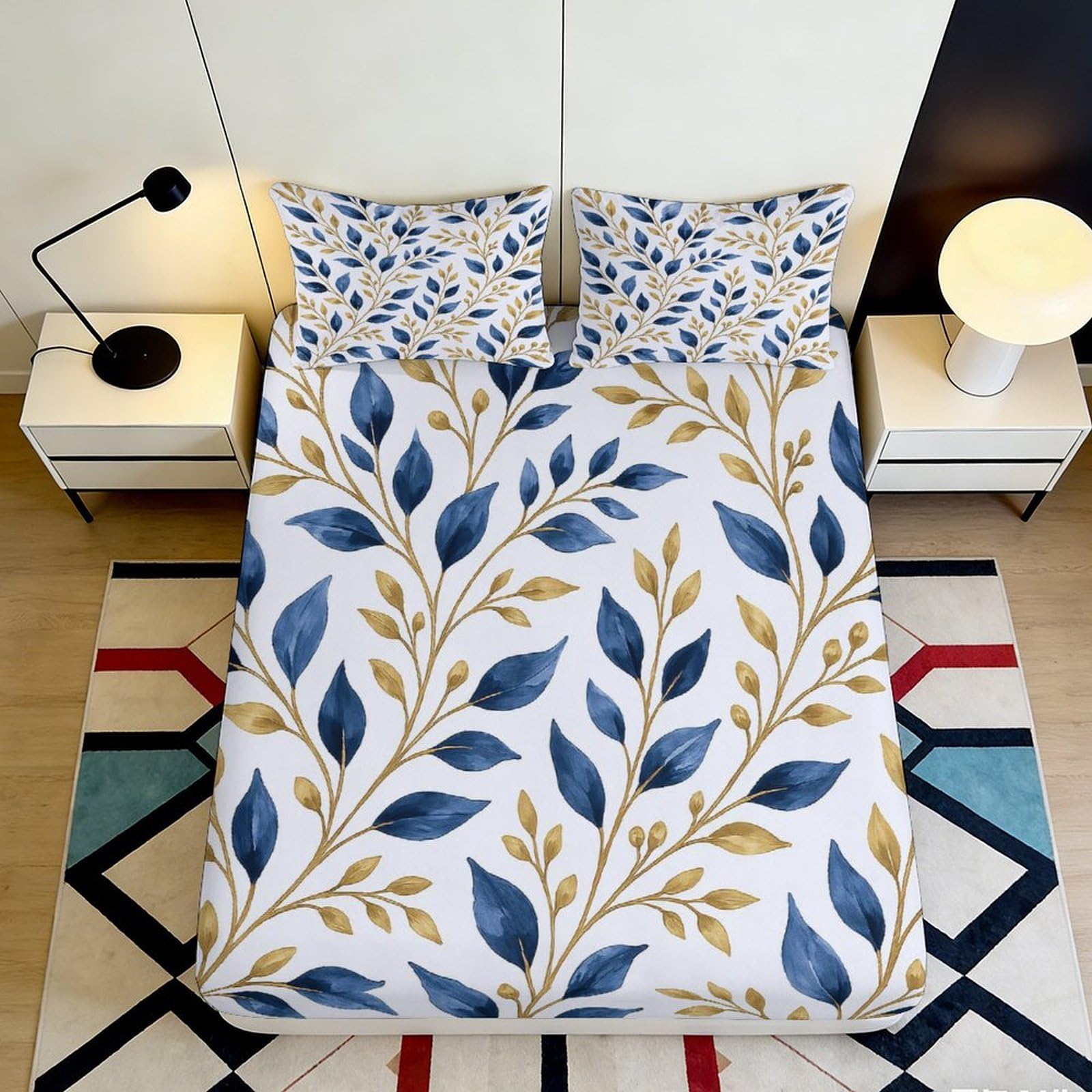3D Printed Blue Gold Leaf Fitted Sheet Microfiber Bedroom Decor Botanical Mattress Cover for Home Dorm Guest Room 120x200x25cm