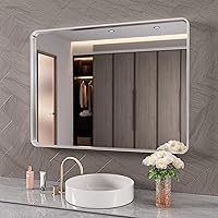 Vista 39 de Espejo de baño negro de 20x30 pulgadas con marco de metal negro, espejo de tocador rectangular redondeado con acabado mate para pared, con vidrio