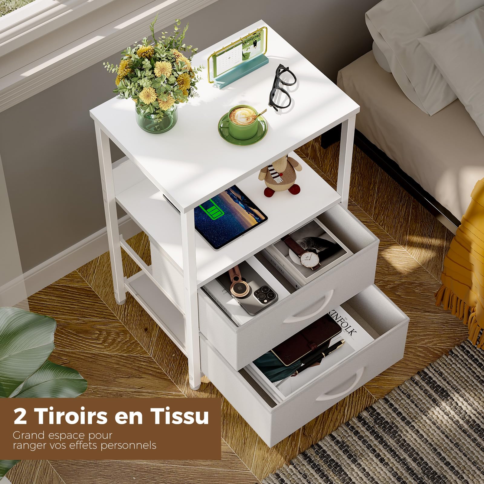 Rolanstar Table de Chevet Moderne avec LED, Prise et USB, 2 Tiroirs de Rangement, Table de Nuit Idéale pour Chambre, Salon ou Bureau – Blanc, 1 Pièce