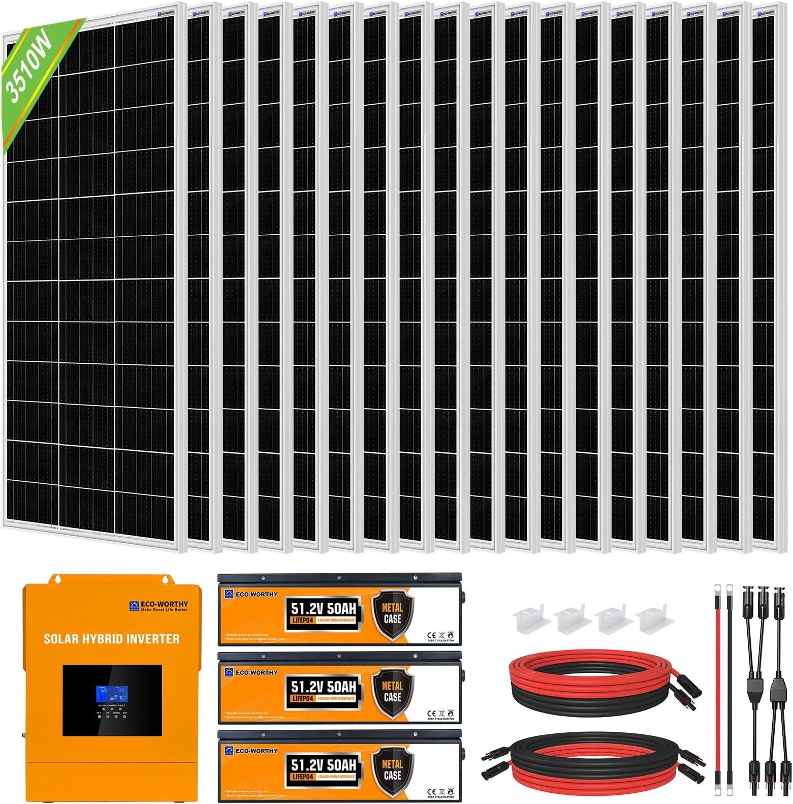 ECO-WORTHY 14KWH 3510W Solar Panel Complete System for Home Shed: 18pcs 195W Solar Panel + 1pc 5000W 48V Hybrid MPPT Solar Charge Inverter + 3pcs 48V 50AH Lithium Battery๏ผ7680WH๏ผ+ Z-Bracket