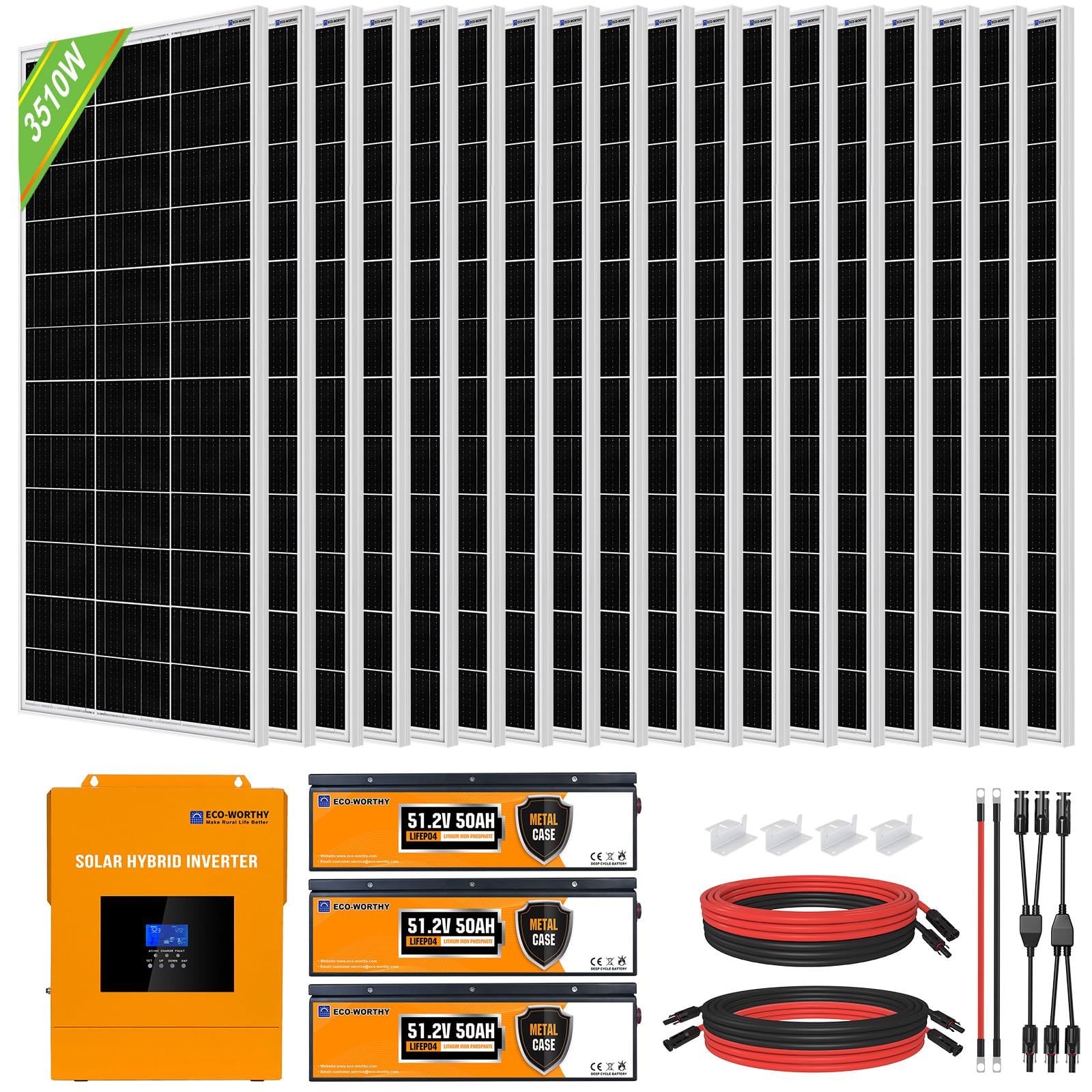 ECO-WORTHY 14KWH 3510W Solar Panel Complete System for Home Shed: 18pcs 195W Solar Panel + 1pc 5000W 48V Hybrid MPPT Solar Charge Inverter + 3pcs 48V 50AH Lithium Battery（7680WH）+ Z-Bracket
