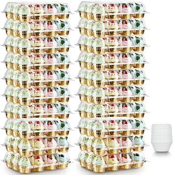 Gencywe 12 Pack x 20 Sets Stackable Cupcake Carrier with 240 Pack Liners, Plastic Cupcake Boxes Holders for 12 Cupcakes, High Tall Dome Lid Cupcake Containers, Clear Disposable Cupcake Trays
