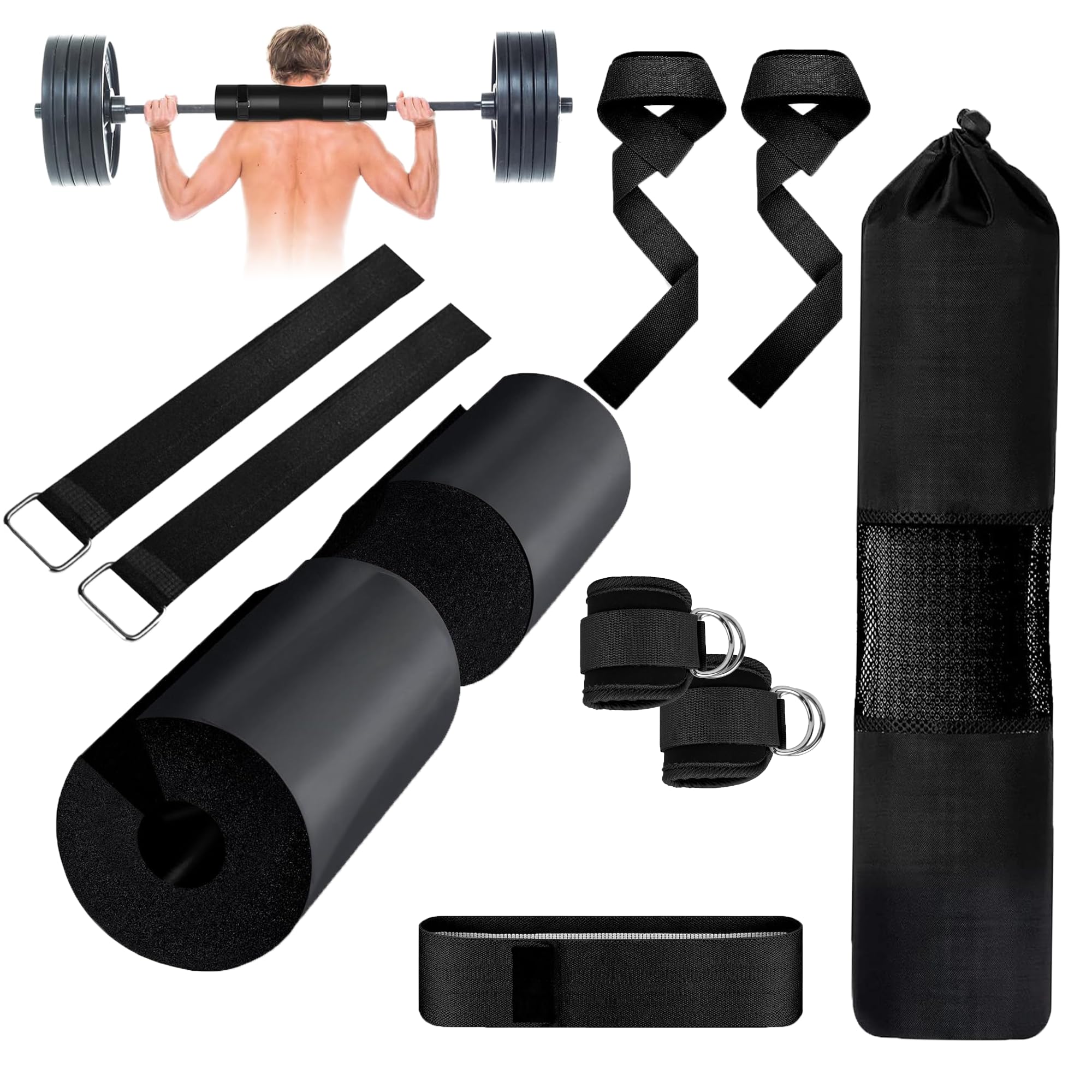 Barbell Pad Set for Hip Thrust & Squats – 9-Piece Workout Kit for Women | Includes 2 Bar Pads, 2 Ankle Straps, 2 Resistance Bands & Gym Accessories – No Pain Hip Thrusts – Glute, Leg & Booty Training