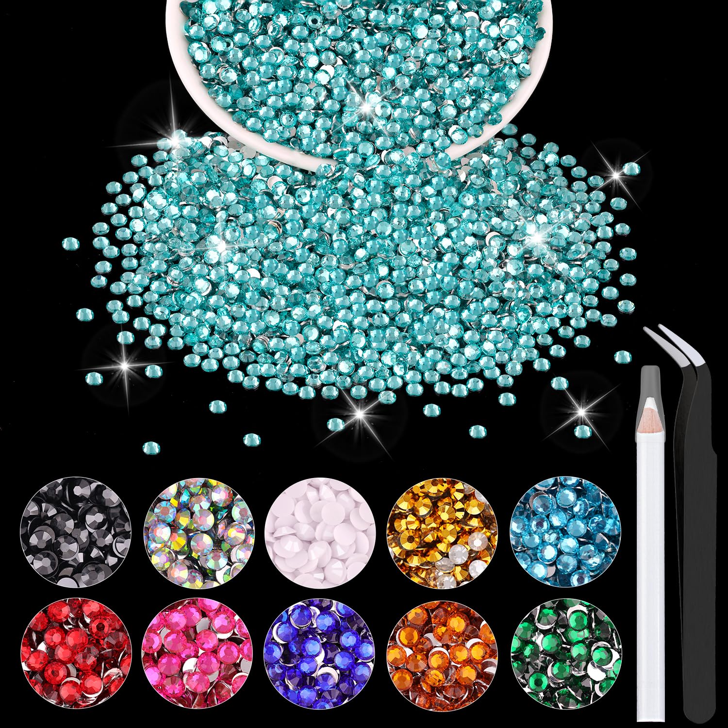 5000PCS 2mm Resin Rhinestones in Bulk (Lake Blue/Aquamarine), Bedazzling Flatback Crystals for Crafts DIY Nail Decoration, Gems Charms for Tumbler Shoes Clothing Fabric with Pickup Pen and Tweezers