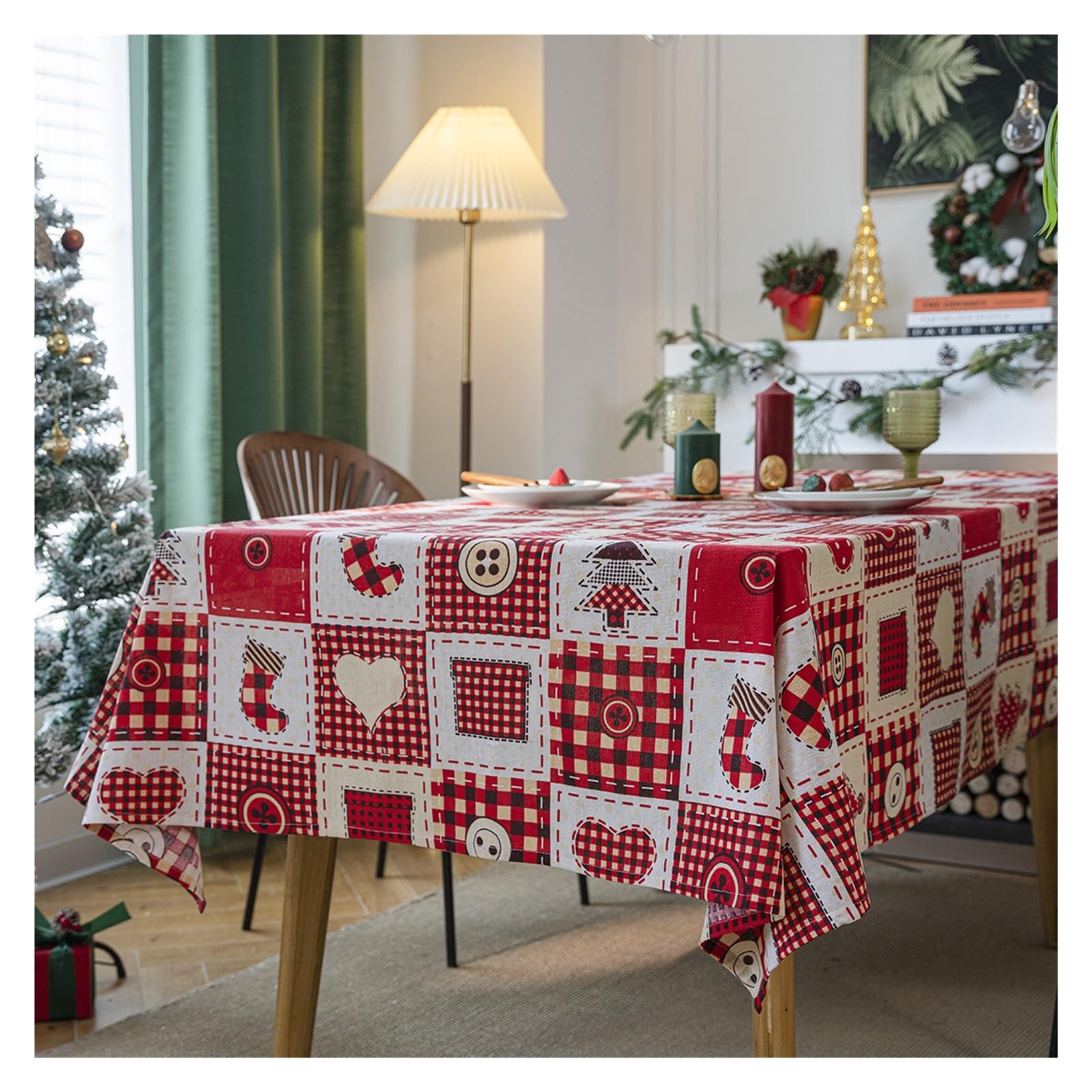 Printed Christmas Tablecloth Checkered Rectangular Fabric(90*90cm)
