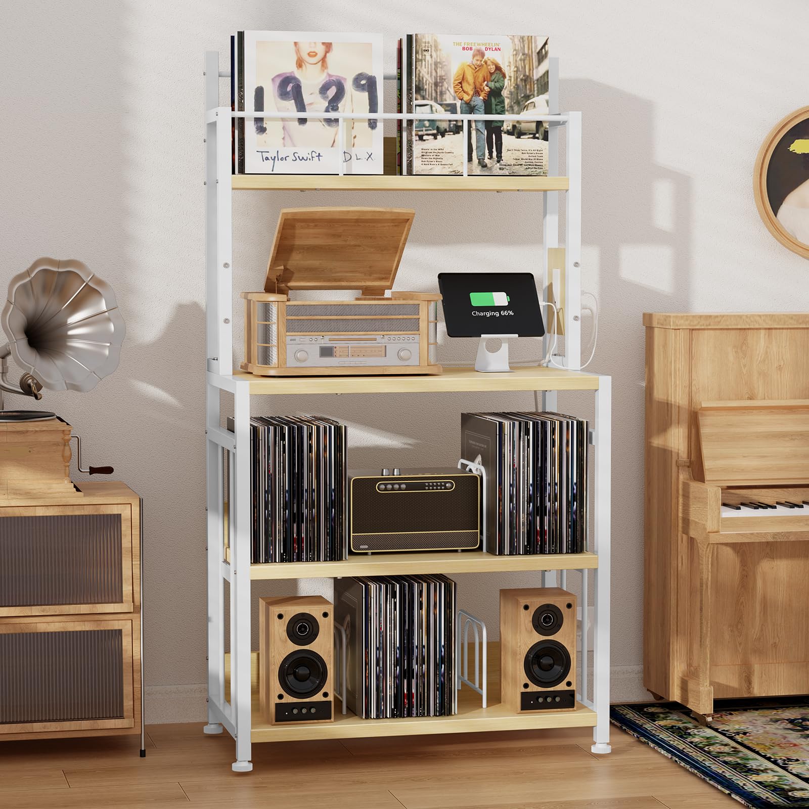 EasyCom Supporto per giradischi con contenitore in vinile, supporto per giradischi può contenere fino a 300 album, grande tavolo per giradischi con stazione di ricarica, supporto per dischi in vinile