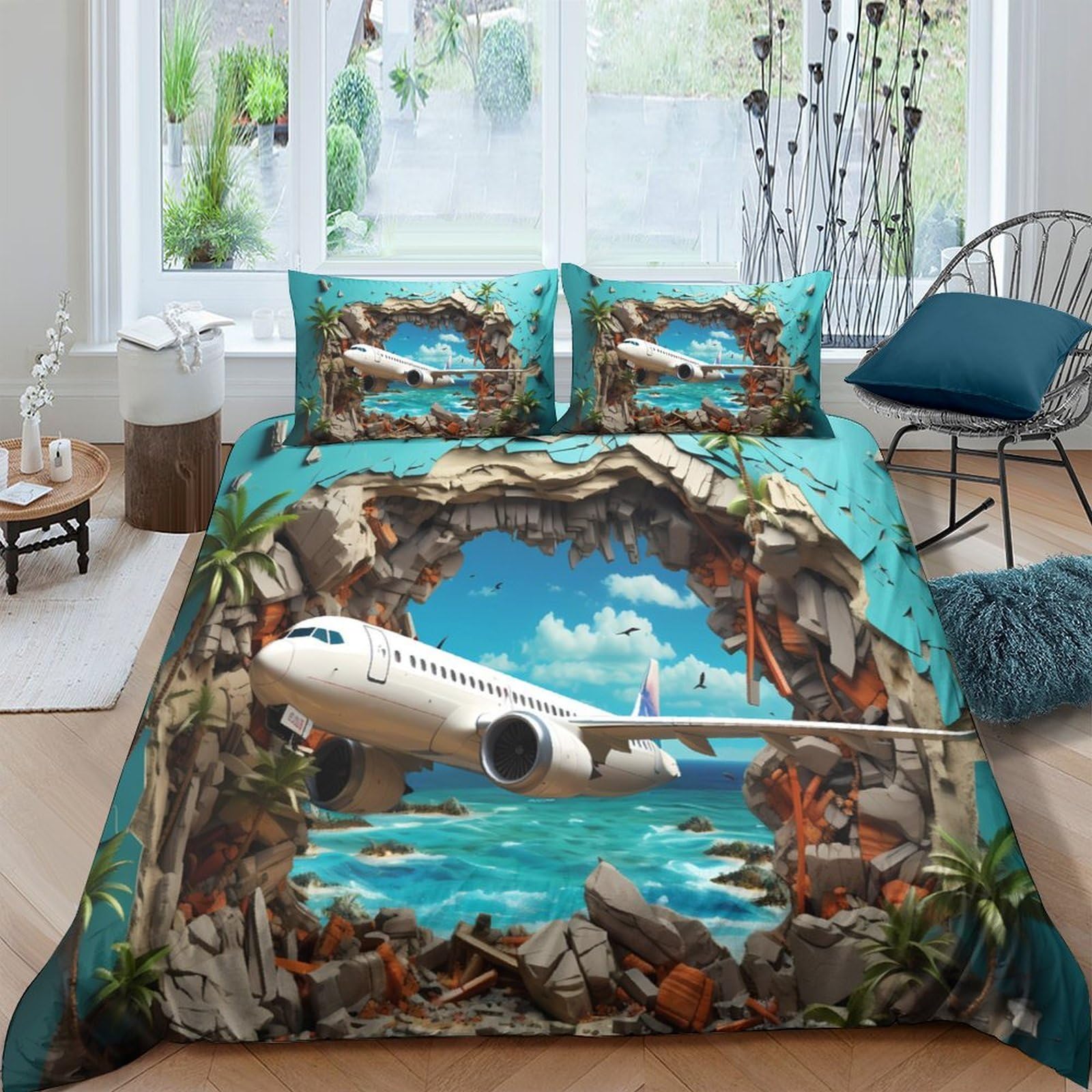 Ctjqhvkz Style-7 3D Printed Airplane Ocean Fitted Sheet Microfiber Soft Durable Cliff View Bed Cover For Bedroom Guest Room Dorm Decor Single（135X200cm）