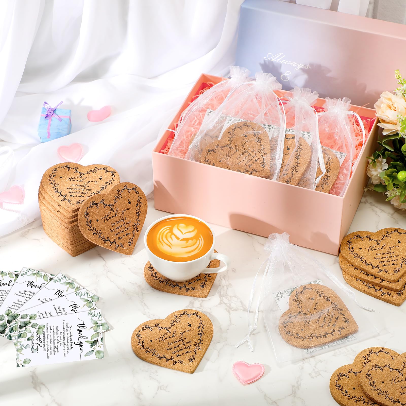 Uiifan 80 Sets Herz-Kork-Untersetzer für Hochzeitsgeschenke mit Dankeschön-Etiketten