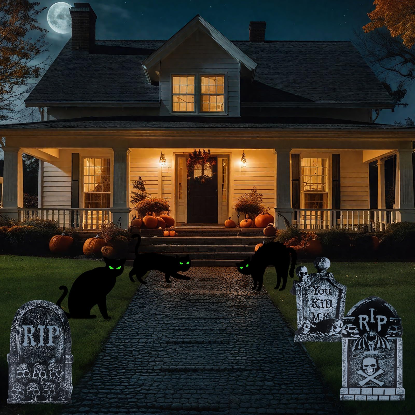 Fanggu 3 Piezas de Lápidas de Halloween RIP y 3 Piezas de Adornos Luminosos con Forma de Gato Negro Adornos Terroríficos de Lápidas de Halloween Waterproof Outdoor Garden Decorations
