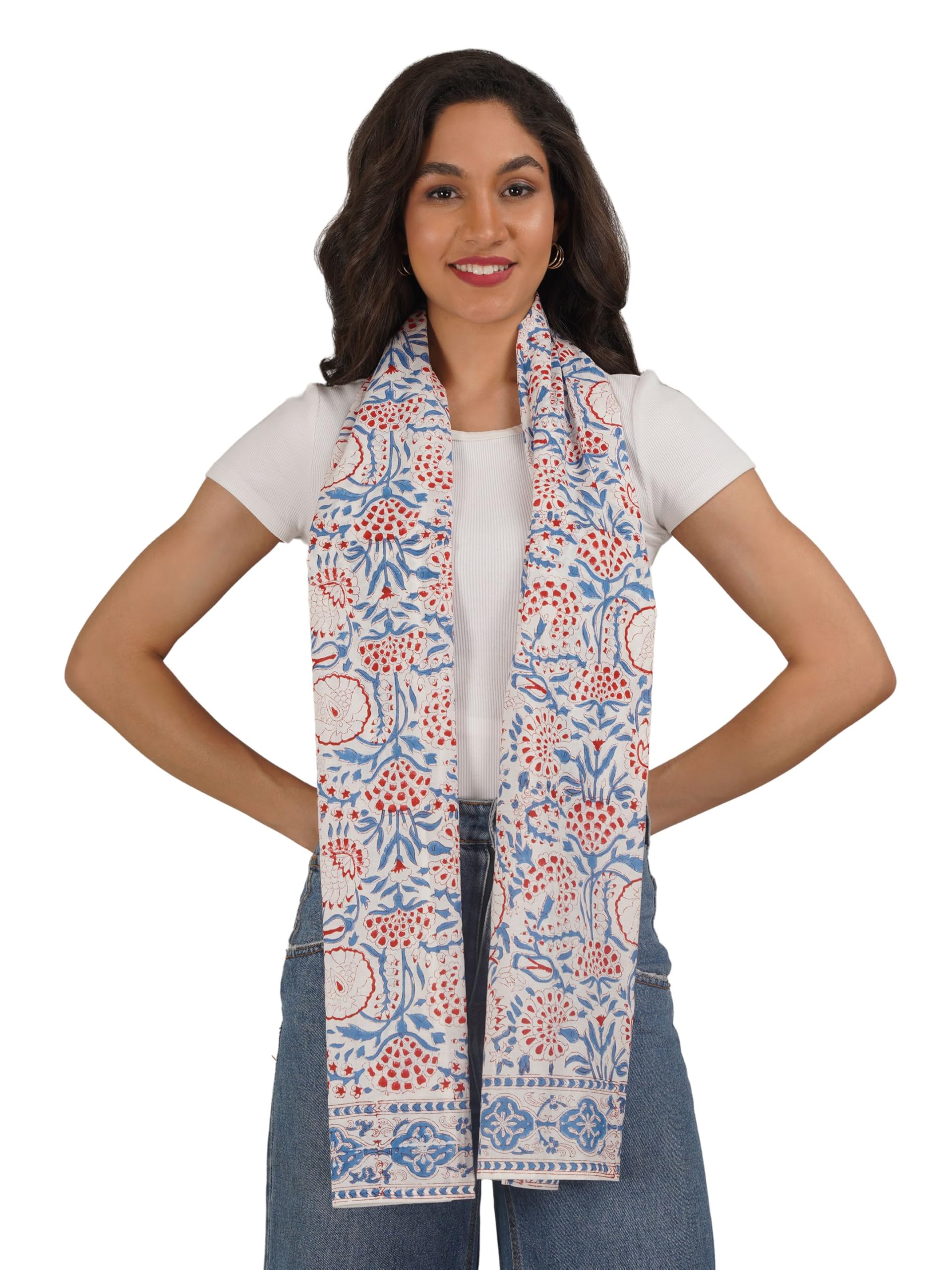 Blue Floral Handblock Printed Pure Cotton Scarf 71' x 21 Inches-image-30