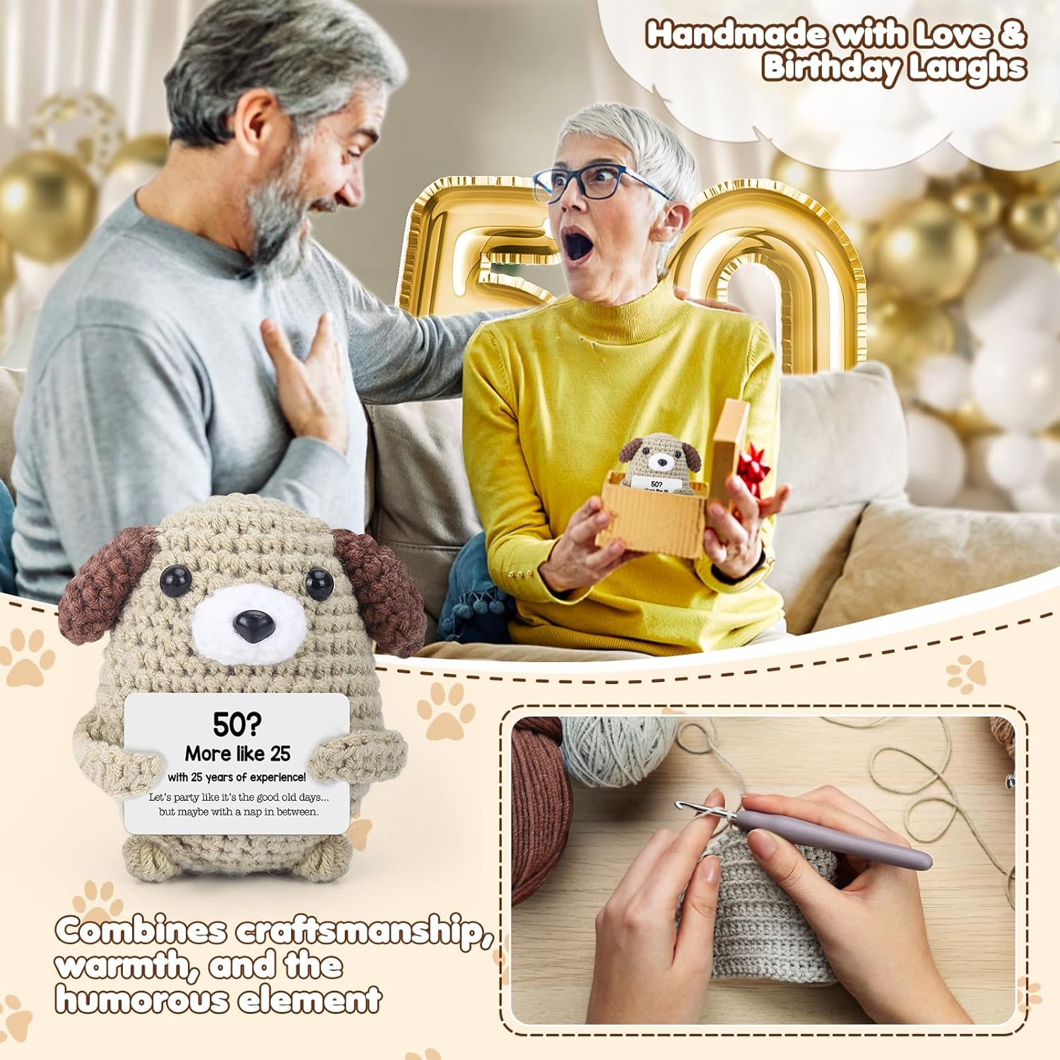 Funny 50th Birthday Gift for Him/Her - Handmade Crochet Dog with Humorous “50? More Like 25 + 25 Years Experience” Card(50th Birthday) - Image 3