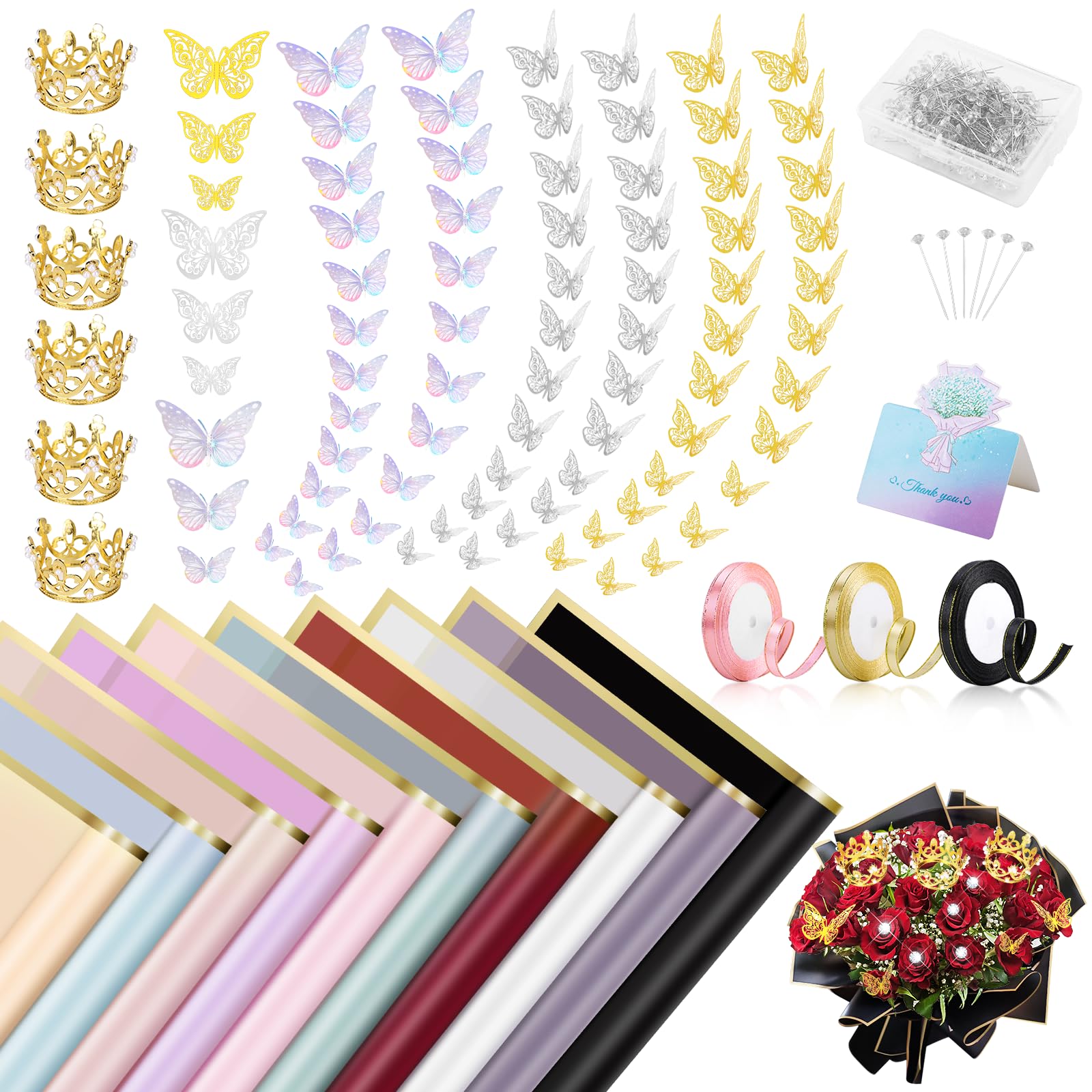 homdat Blumenstrauß Papier Set, bestehend aus 100 Blatt Geschenkpapier mit Blumenmuster, Bändern, Grußkarten, Diamantbroschen, 3D-Schleifen und Blumenkränzen zum Verpacken von Blumengeschenken,58 cm