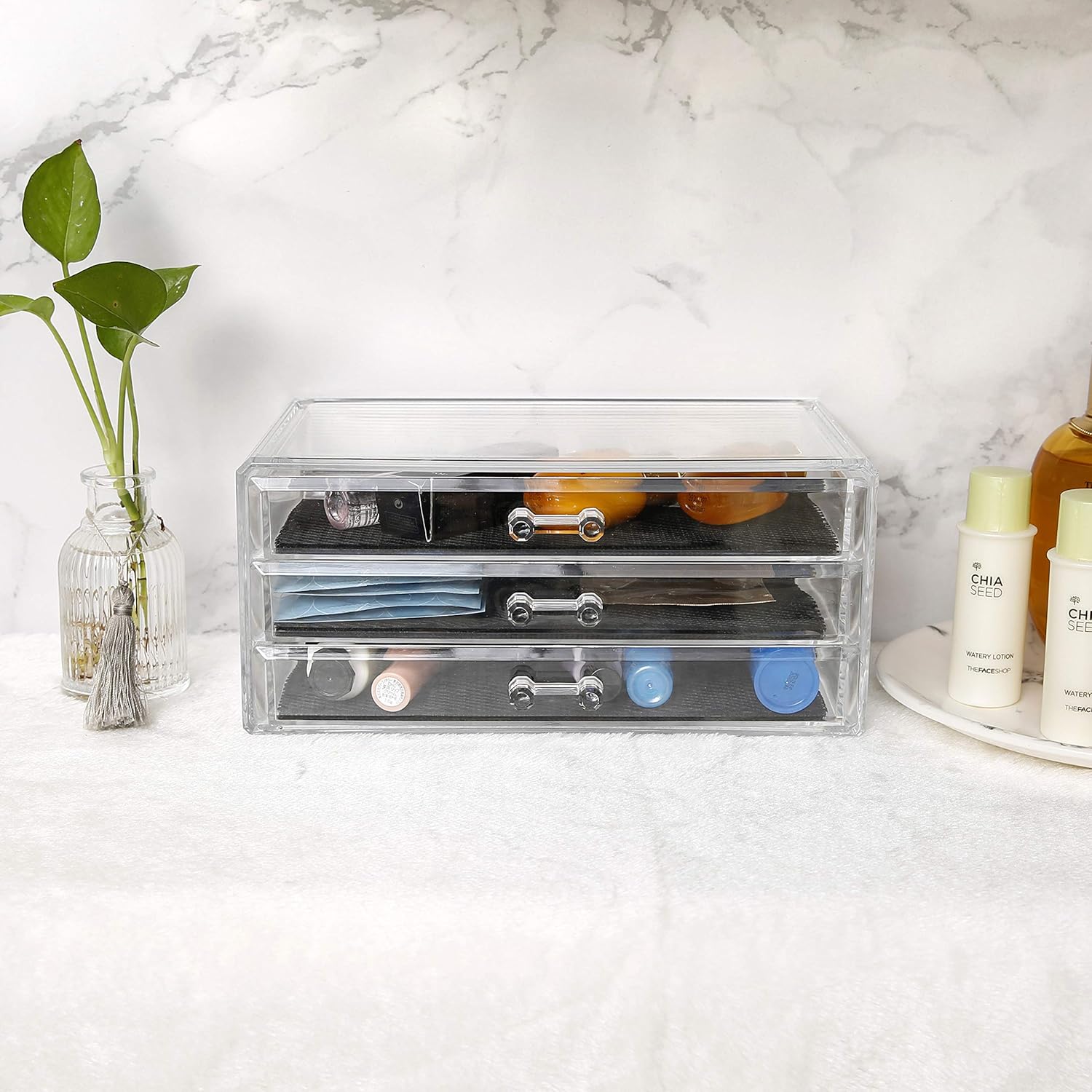 3 Drawer. Beauty, Makeup, Jewelry, Bathroom Organizer Storage Container Holder for Cosmetics, Brushes, Cotton Balls, Q-Tips, Earrings, Rings.