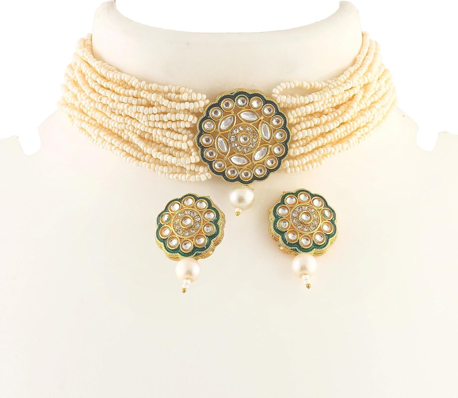 JewarHaat Indian Bollywood Necklace Set Crystal Layered Gold Plated Pearl Ad Cz Choker Gold Tone Meena Work With Matching Earrings Jewelry For Women image 4