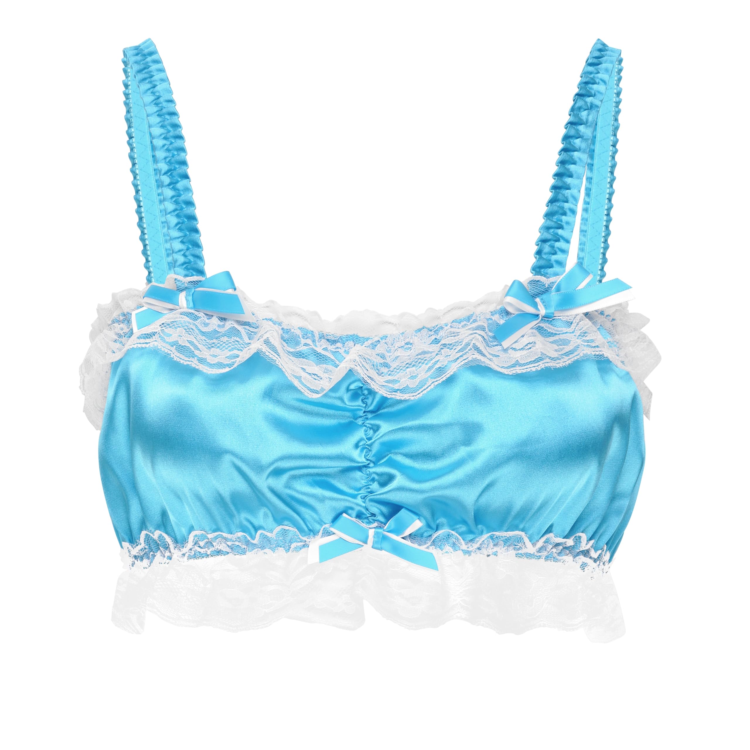 Satini Women's Aqua Blue Sissy Frilly Lace Fitted Silky Satin Lingerie Bralette (, M)