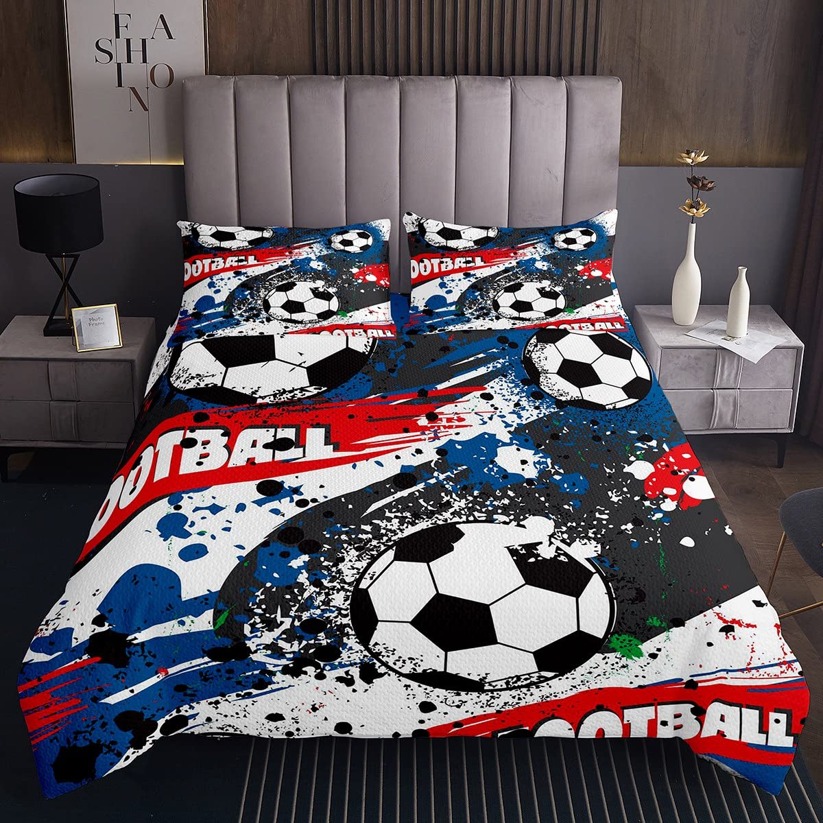 Homemissing Set Copriletto Calcio Copriletto Trapuntato Sportivo per Bambini Ragazzi Graffiti Pallone da Calcio Copriletto Trapuntato Doppio