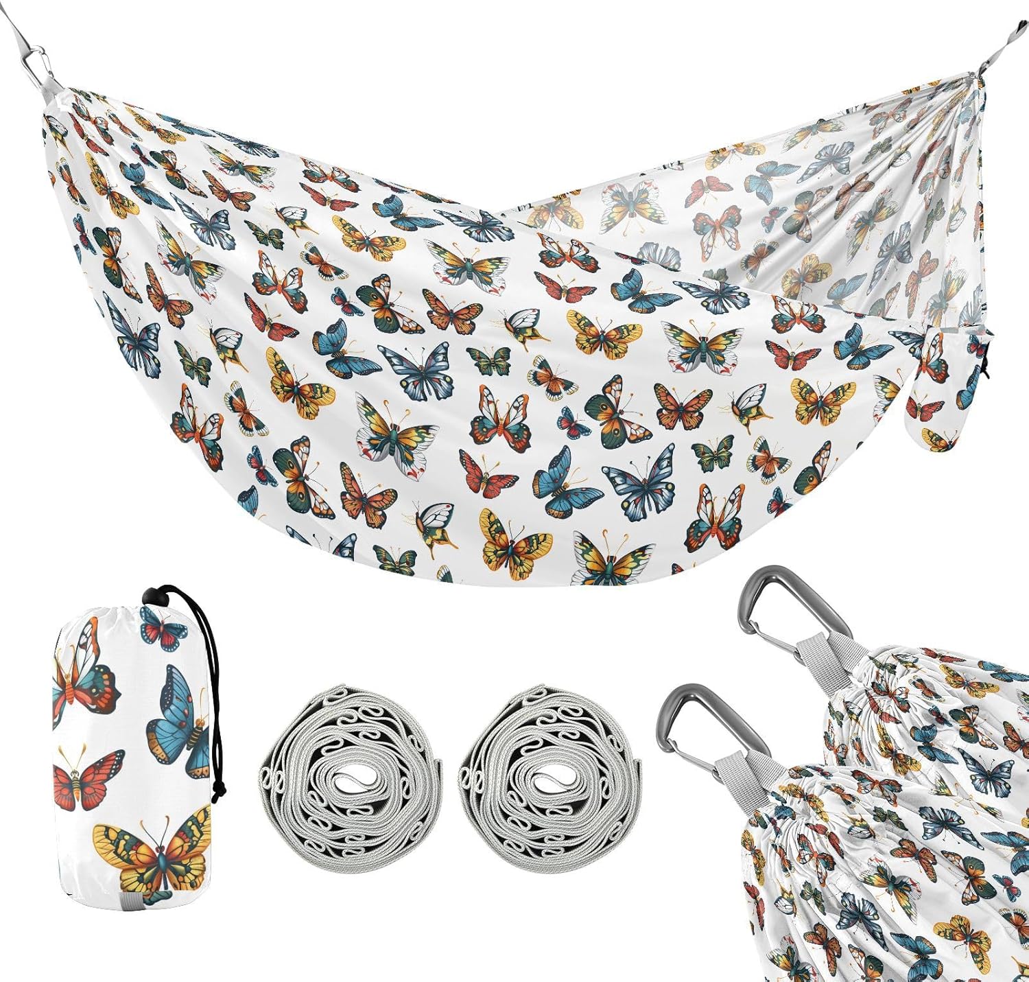 ALAZA Colorful Butterflies Camping Hammocks Single or 2 Person 500 lbs Portable Parachute Travel Hammock w/Tree Straps for Hiking Backpacking Indoor Outdoor