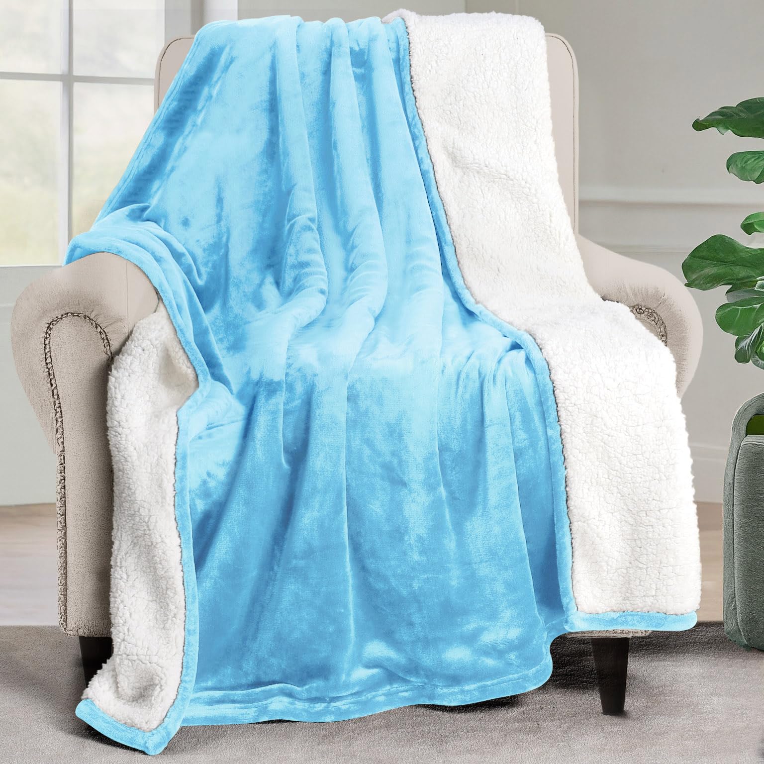 Bedding Sherpa Blanket Throw Size (Washed Blue, 50x60 Inches) - Soft Lightweight Plush Fleece Reversible Blanket for Bed, Sofa, Couch, Camping and Travel