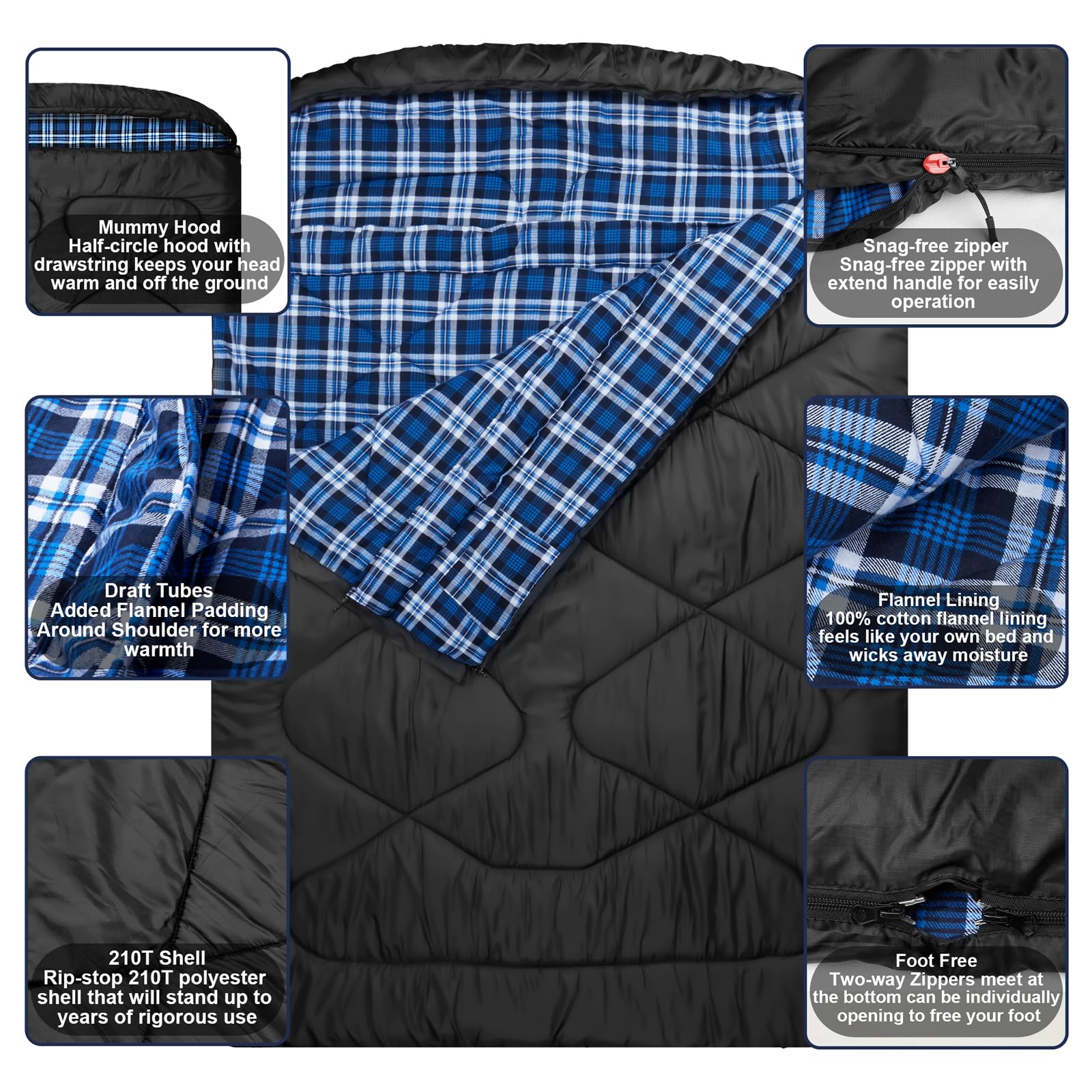 Sac de Couchage Double Adulte Flanelle Coton,2 Personnes Sac Couchage | Doublure 100% coton,Queen Size,déperlant Largepour couples ou famille camping Backpacking ou voyage,3-4 saisons temps froid