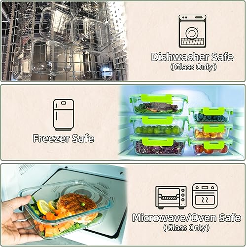 Miniatura 4 de UMEIED Paquete de 10 recipientes de vidrio para almacenamiento de alimentos con tapas a prueba de fugas, recipientes herméticos de vidrio para