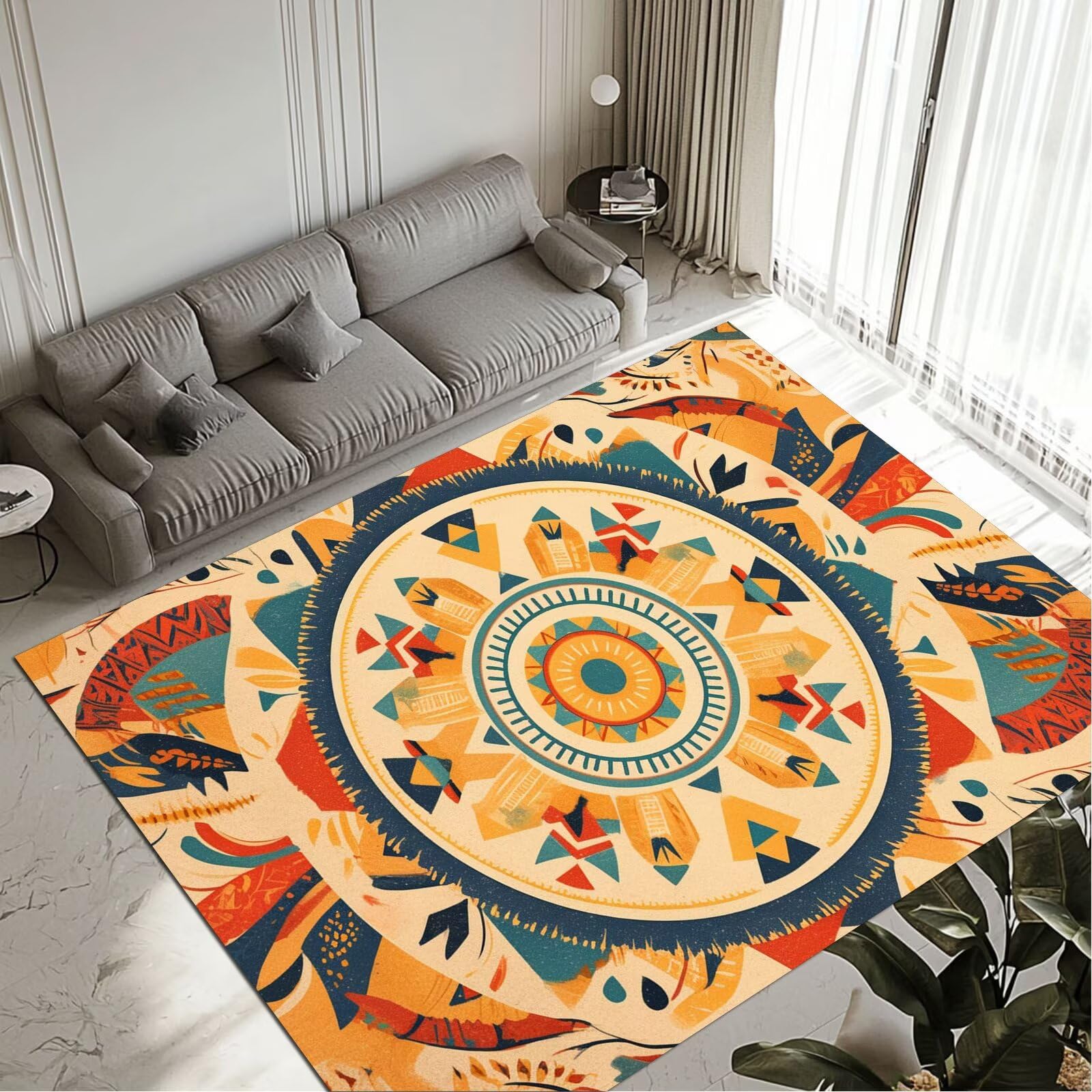 Grand tapis salon chambre lavable et tapis mandala antidérapant 90x120
